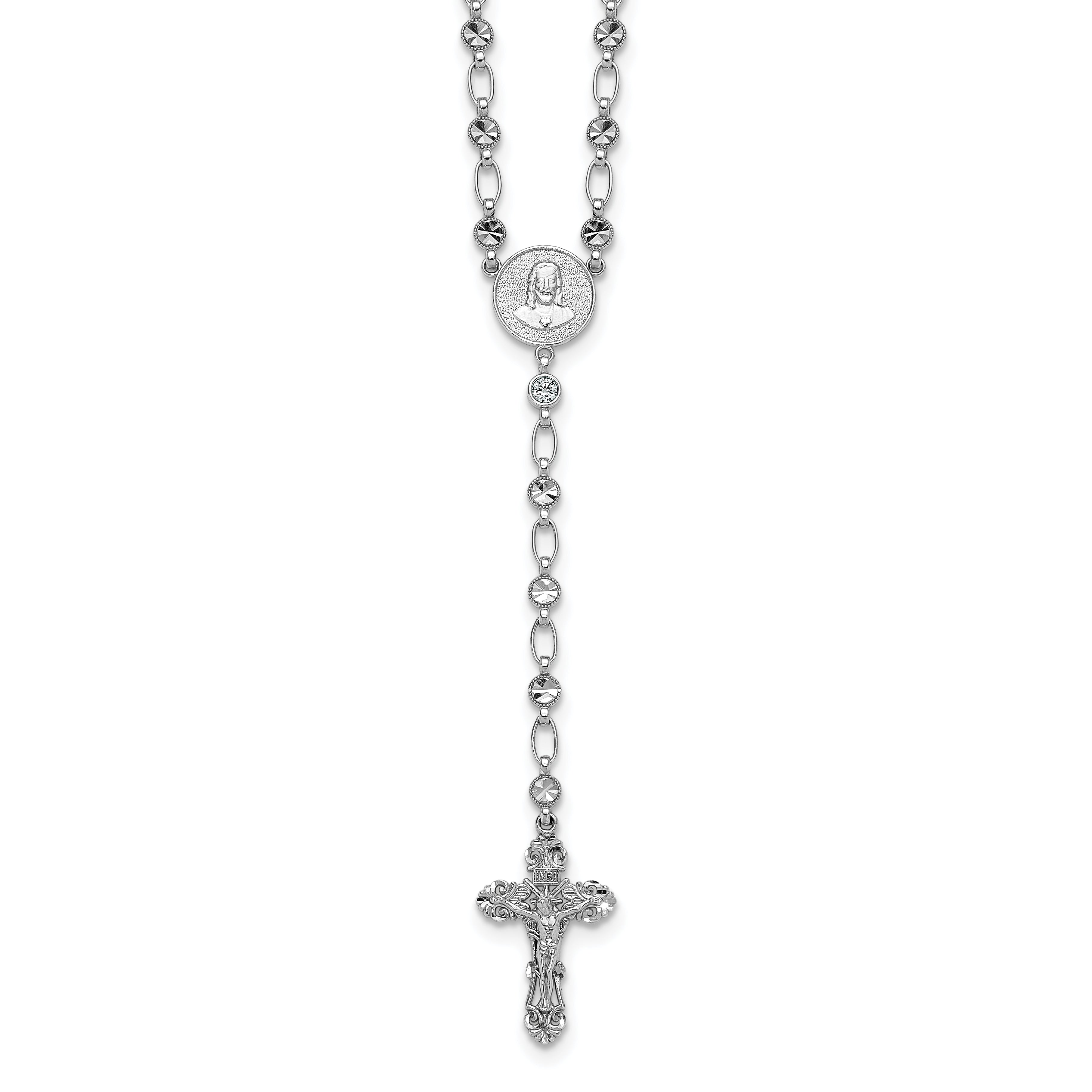 Sterling Silver Rhodium-plated Polished CZ and Diamond-cut Circles 25.5 inch Rosary Necklace
