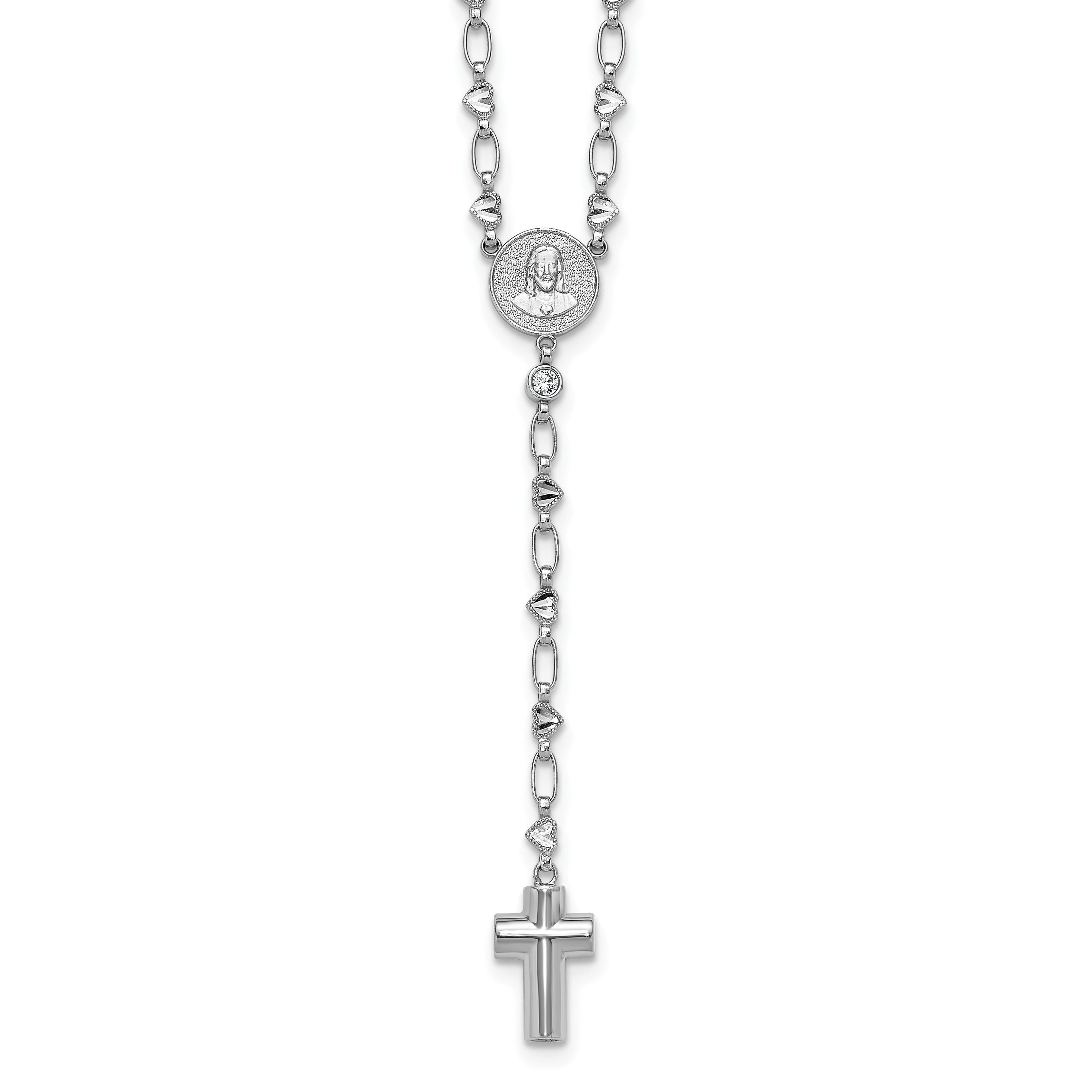 Sterling Silver Rhodium-plated CZ and Diamond-cut Heart Link with Cross Ash Holder 26.5 inch Rosary Necklace