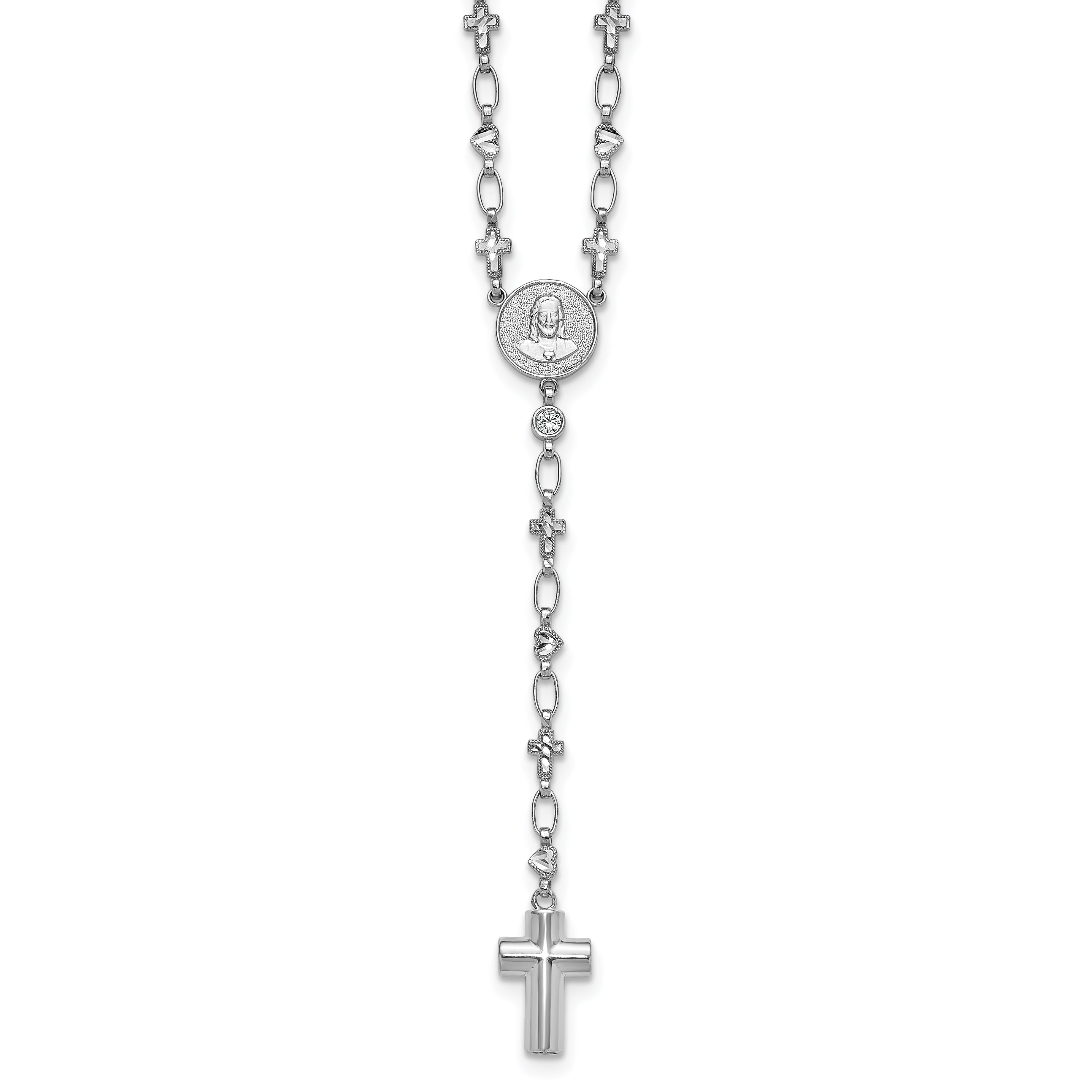 Sterling Silver Rhodium-plated CZ and Diamond-cut Heart and Cross Link with Cross Ash Holder 28.5 inch Rosary Necklace