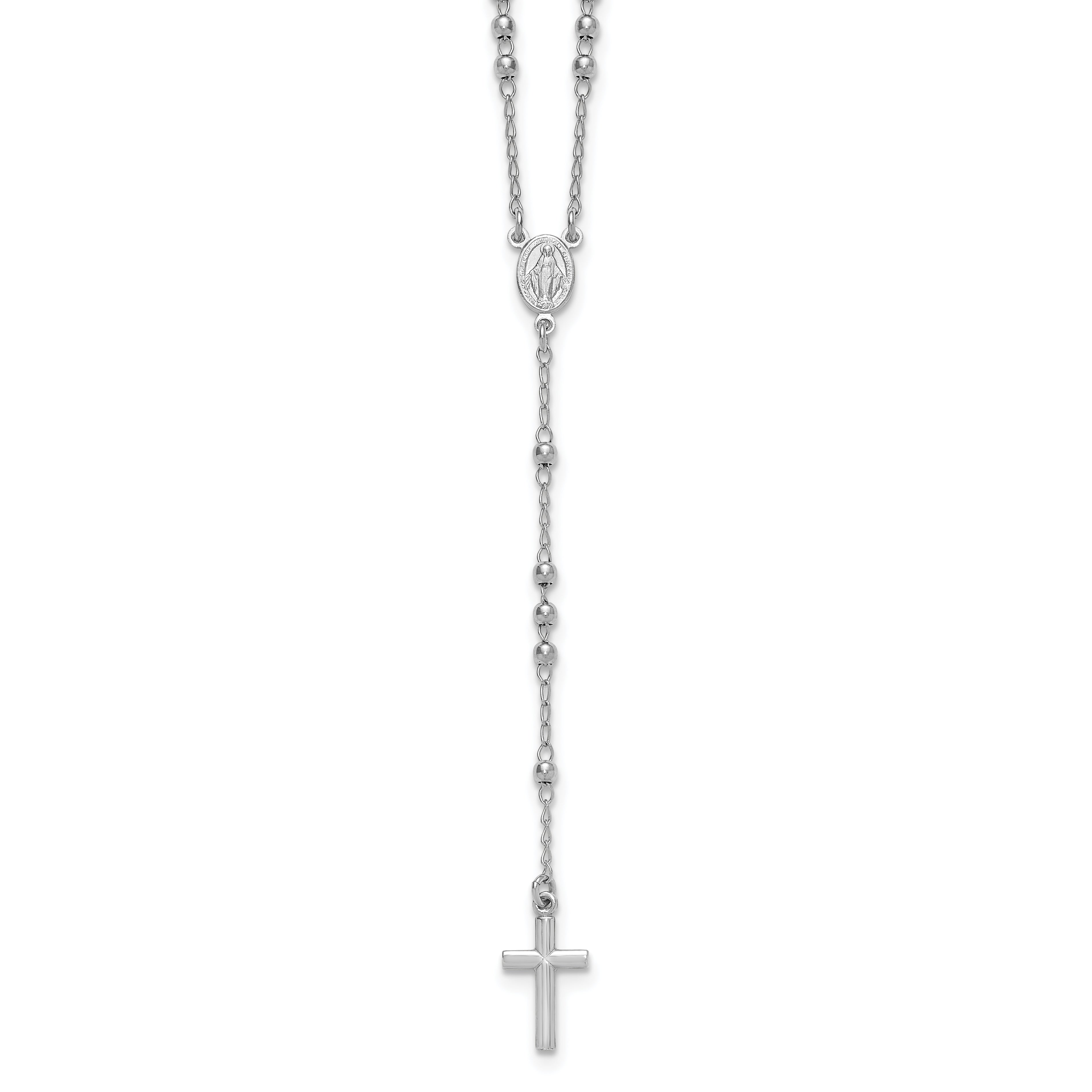 Sterling Silver Rhodium-plated Beaded 17 inch with 1.5 inch extender Rosary Necklace