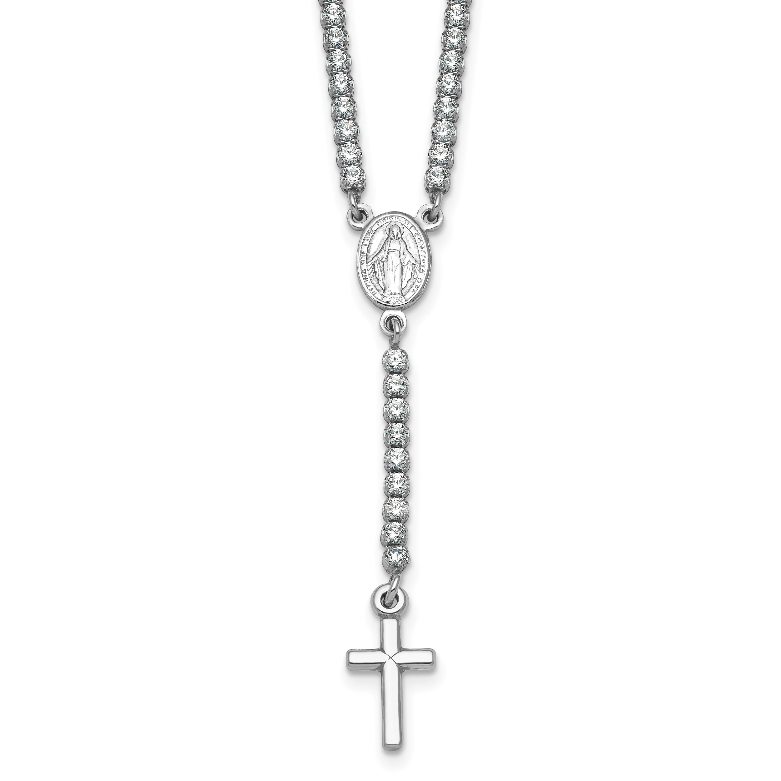Sterling Silver Rhodium-plated Polished CZ 15.5 inch with 2 inch extender Rosary Necklace