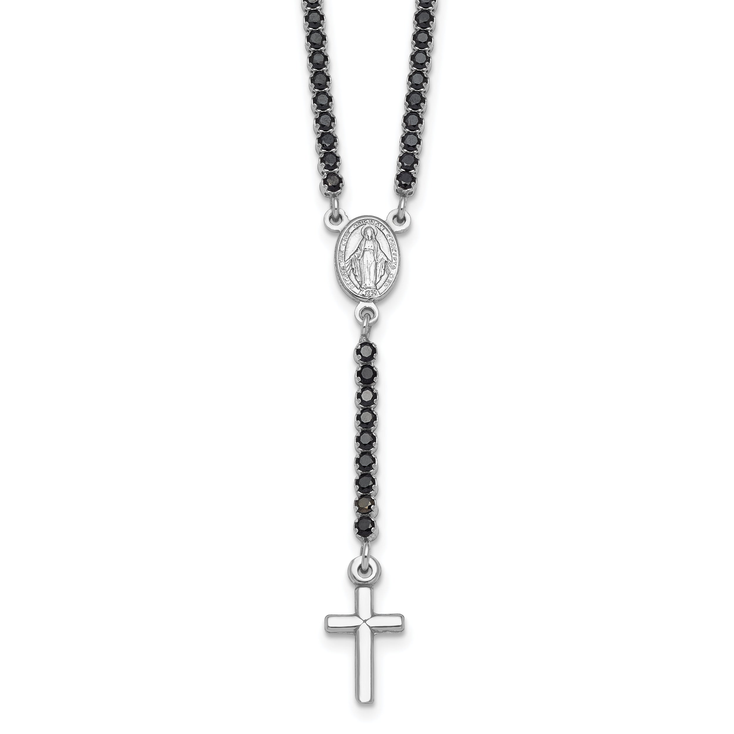 Sterling Silver Rhodium-plated Polished Black CZ 15.5 inch with 2 inch extender Rosary Necklace