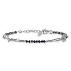 Sterling Silver Rhodium-plated Polished Black CZ 6.75 inch with 1.25 inch extender Rosary Bracelet
