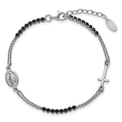 Sterling Silver Rhodium-plated Polished Black CZ 6.75 inch with 1.25 inch extender Rosary Bracelet