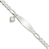 Sterling Silver Polished Figaro ID Heart Dangle Bracelet