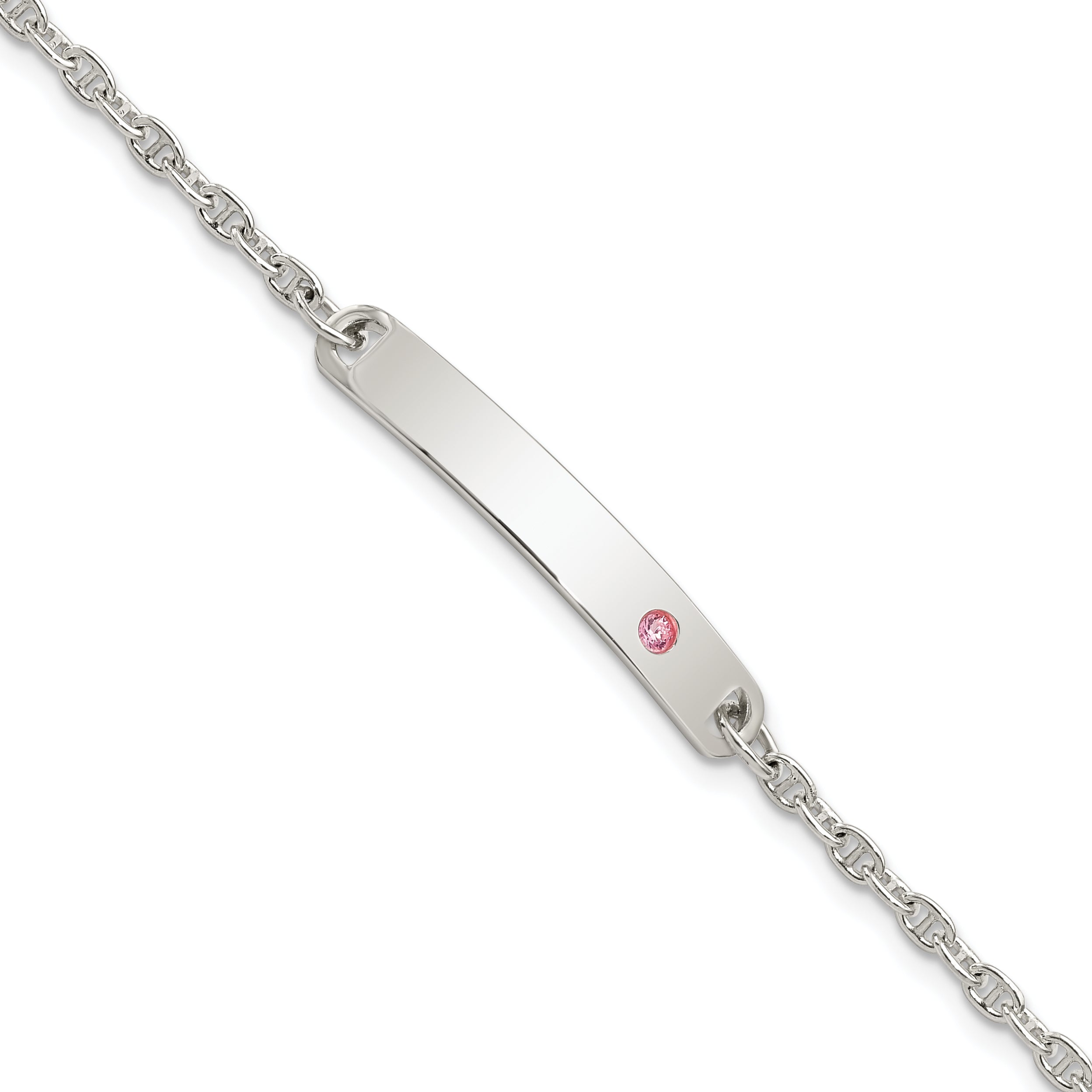 Sterling Silver Polished Childrens ID with Pink CZ Bracelet
