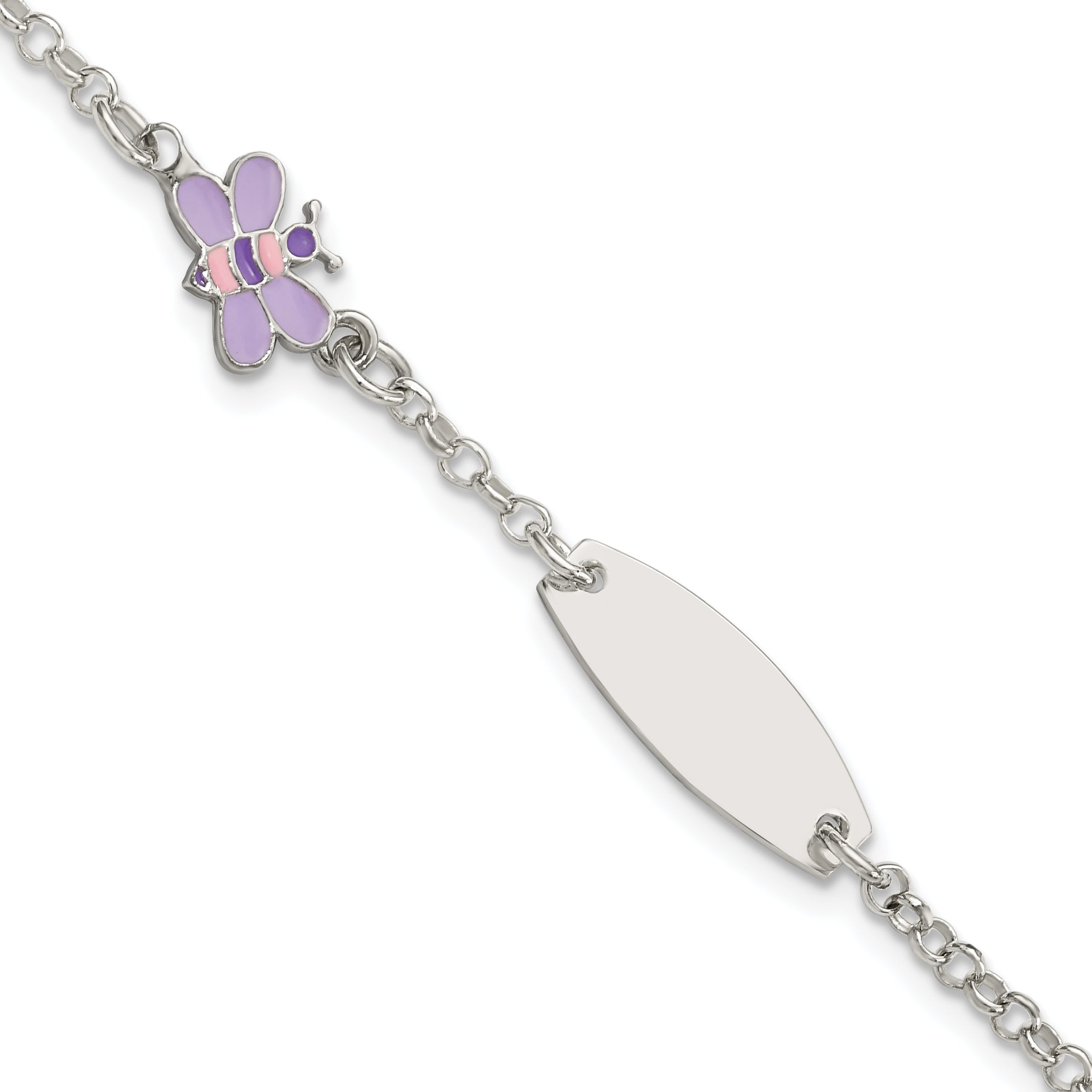 Sterling Silver Childrens Enameled Butterfly 5.5in Plus 1IN EXT ID Bracelet
