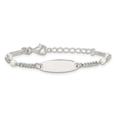 Sterling Silver Polished Curb Link and Acrylic Pearl 5 inch with 1 inch Extension Childrens ID Bracelet