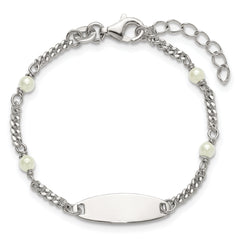Sterling Silver Polished Curb Link and Acrylic Pearl 5 inch with 1 inch Extension Childrens ID Bracelet
