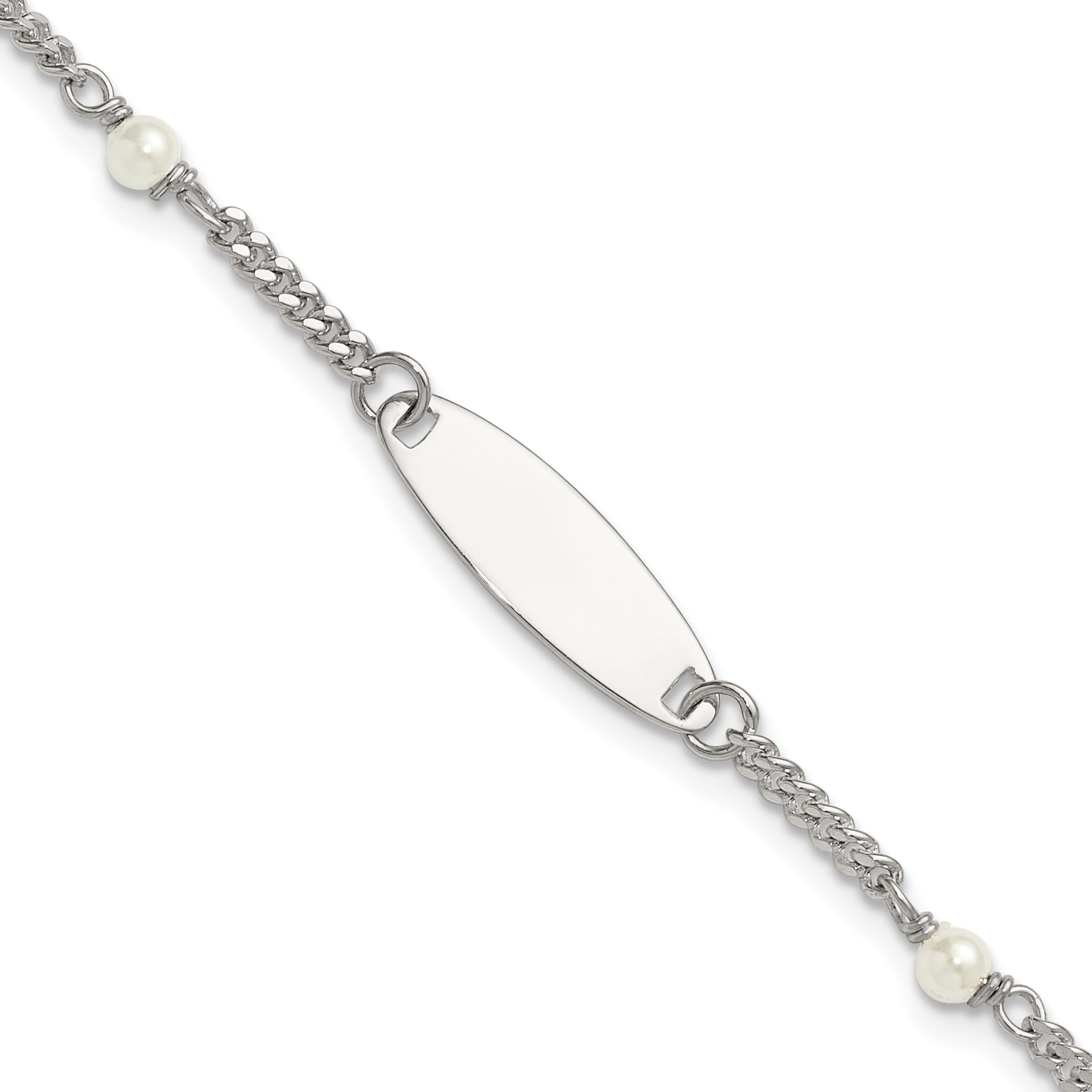 Sterling Silver Polished Curb Link and Acrylic Pearl 5 inch with 1 inch Extension Childrens ID Bracelet