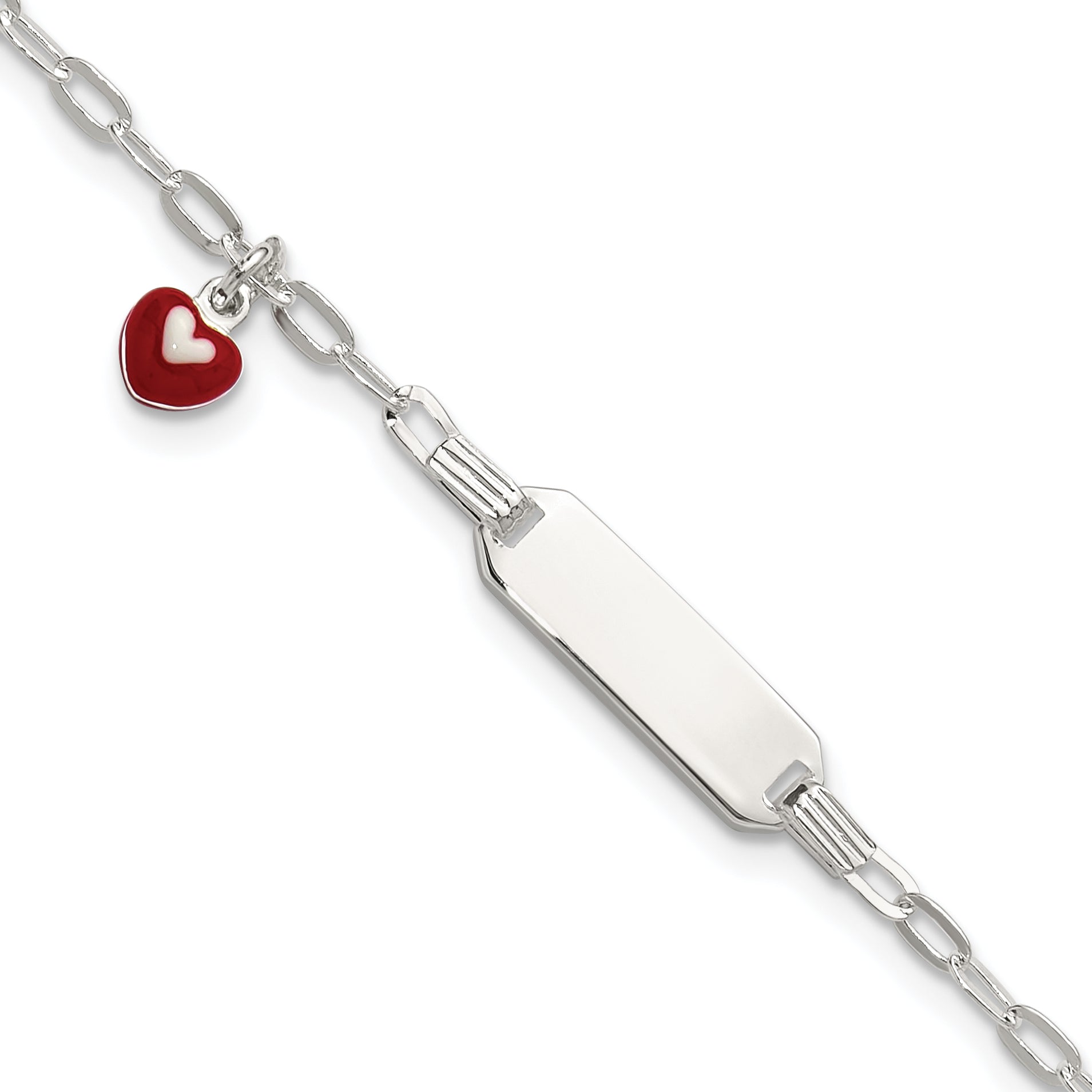 Sterling Silver Polished Red and White Enameled Heart Charm 5 inch with 1 inch extension Childrens ID Bracelet