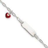 Sterling Silver Polished Red and White Enameled Heart Charm 5 inch with 1 inch extension Childrens ID Bracelet