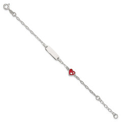 Sterling Silver Polished Red and White Enameled Heart 5 inch with 1 inch extension Childrens ID Bracelet