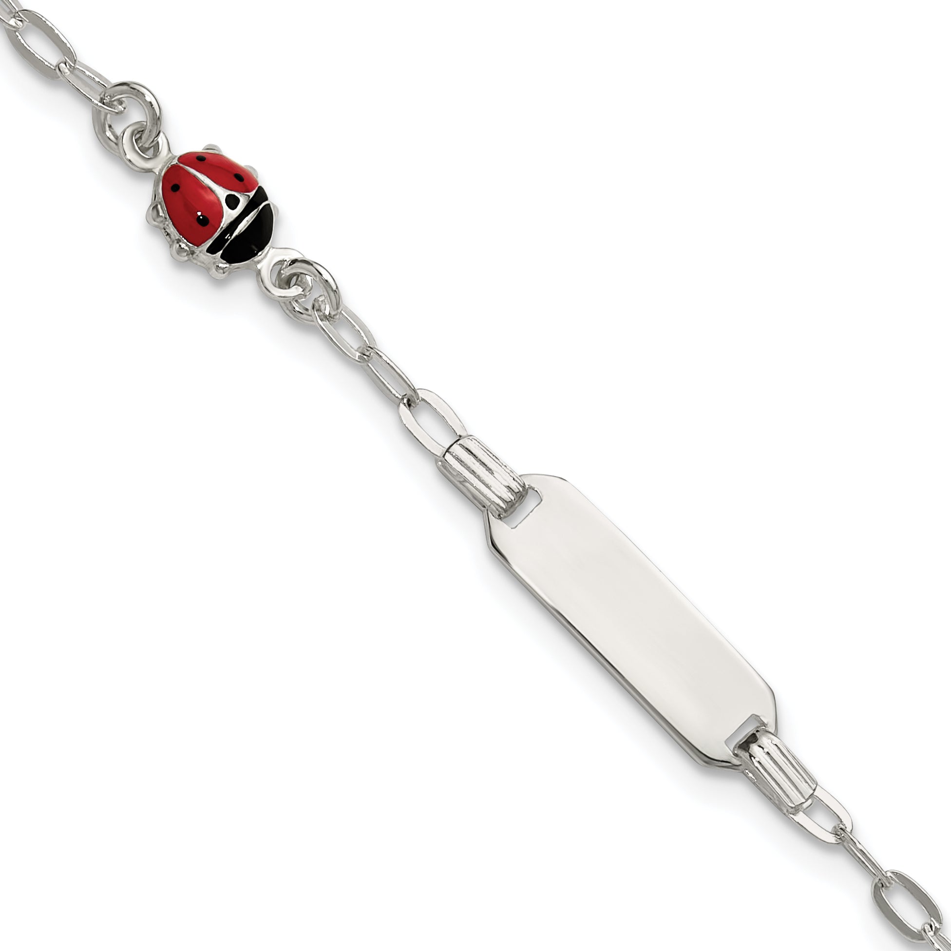 Sterling Silver Polished Red and Black Enameled Ladybug 6 inch with 1 inch extension Childrens ID Bracelet