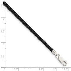 Sterling Silver 20inch 3mm Black Leather Braided Necklace