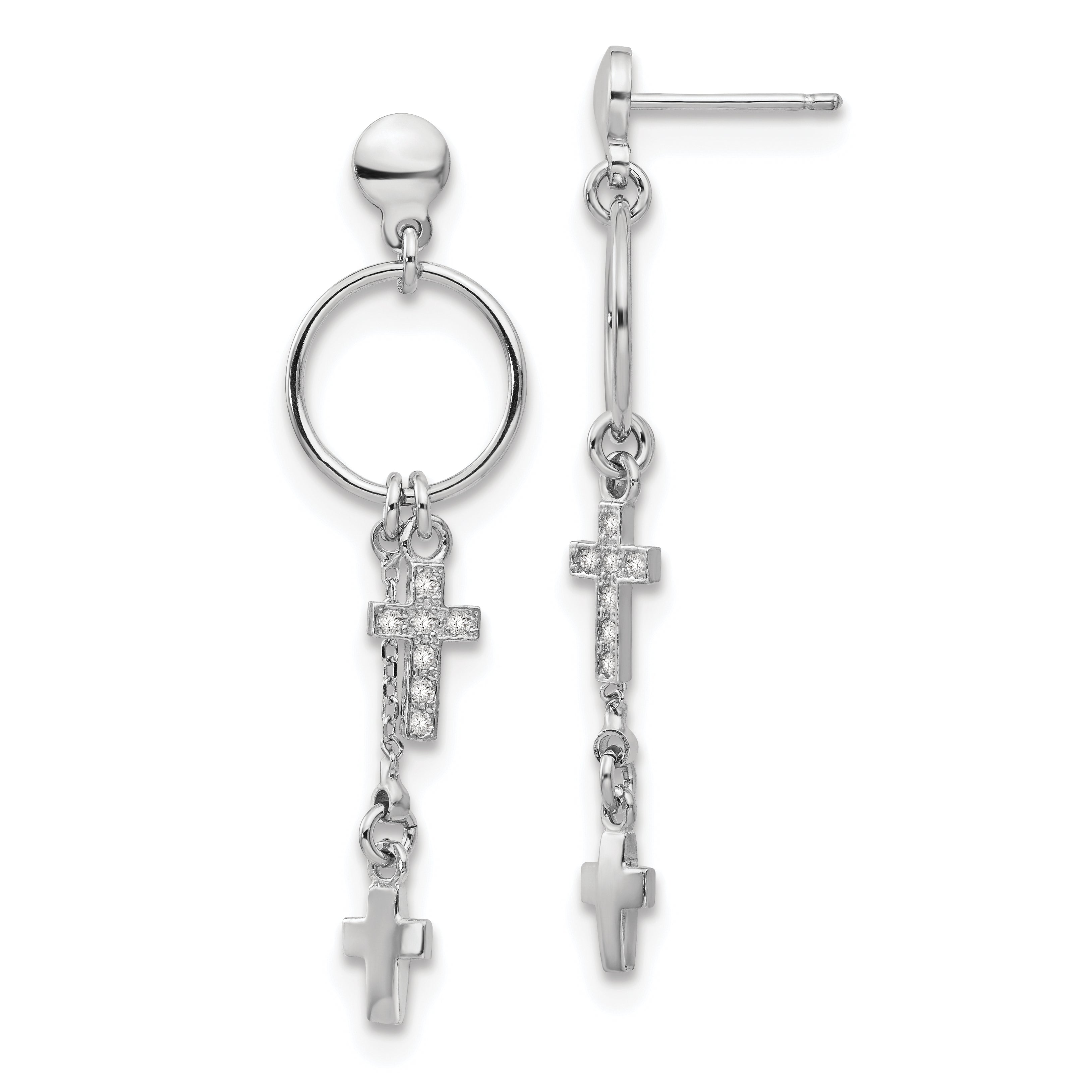 Sterling Silver Rhodium-plated CZ Cross Dangle Earrings