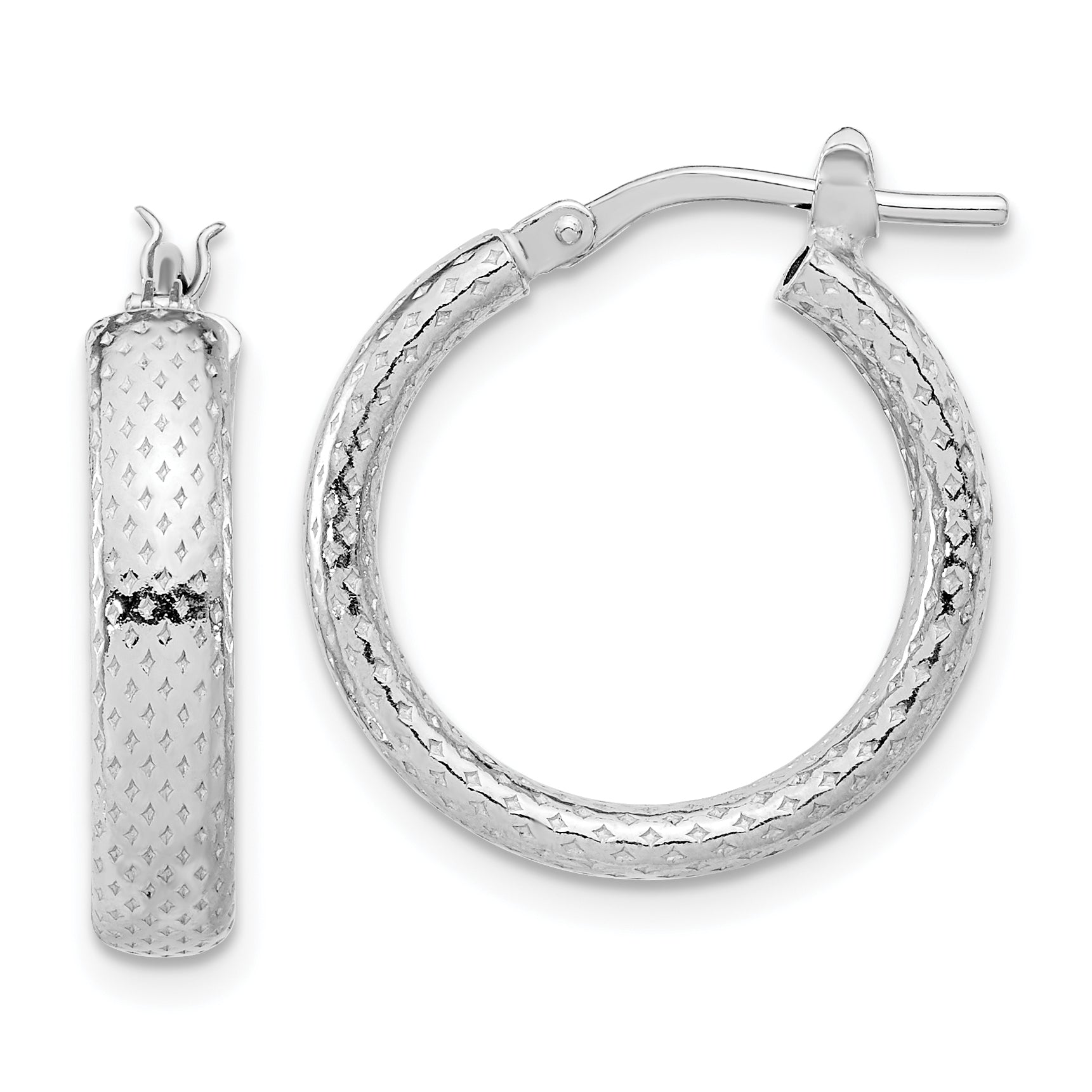 Sterling Silver Rhodium-plated Polished and Textured Hoop Earrings