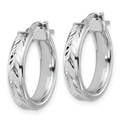 Sterling Silver RH-plat Polish/Dia-cut Round Hoop Earrings