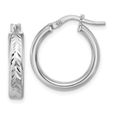 Sterling Silver RH-plat Polish/Dia-cut Round Hoop Earrings
