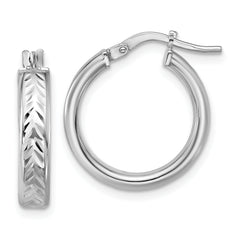 Sterling Silver RH-plat Polish/Dia-cut Round Hoop Earrings