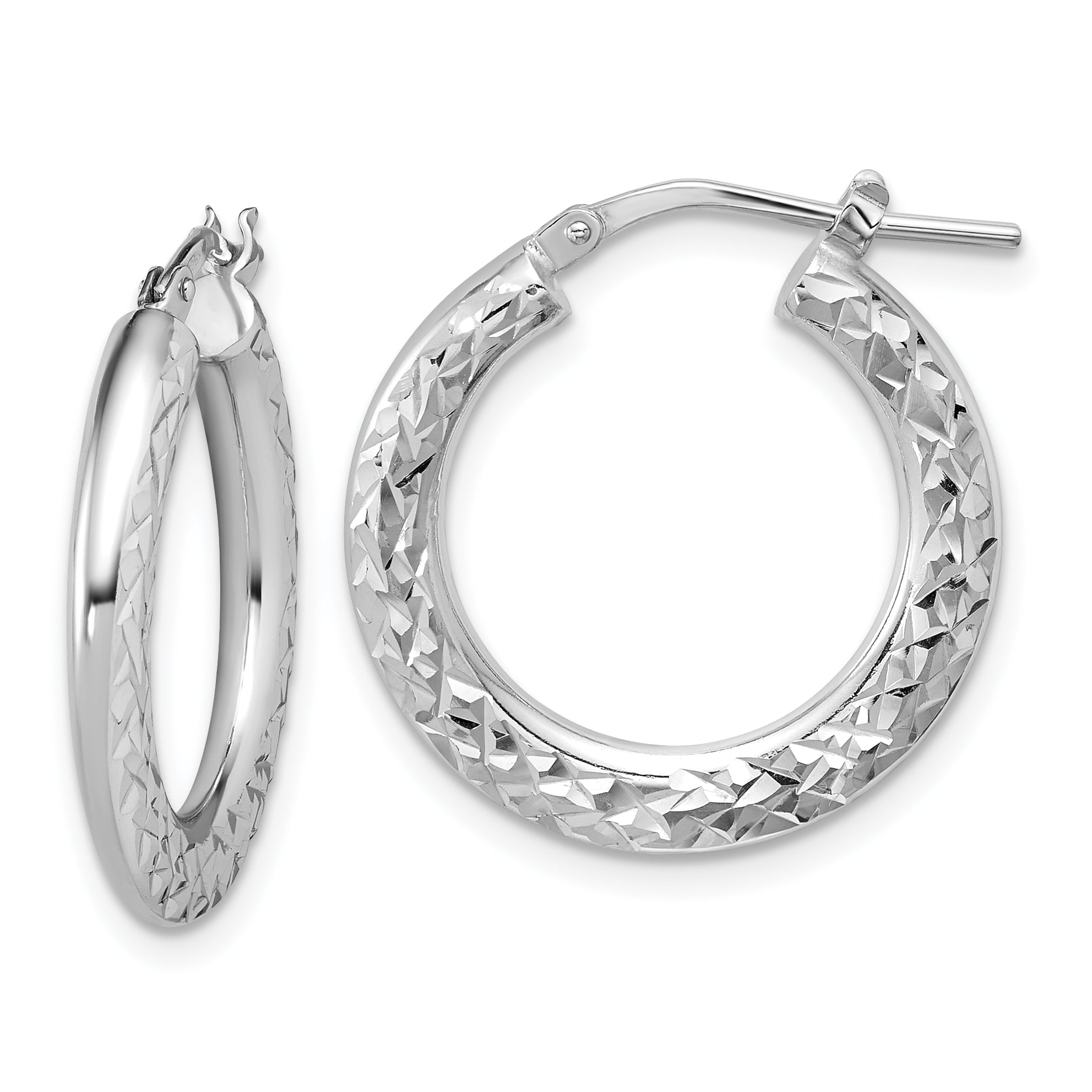 Sterling Silver RH-plated Polished / Dia-cut Hoop Earrings
