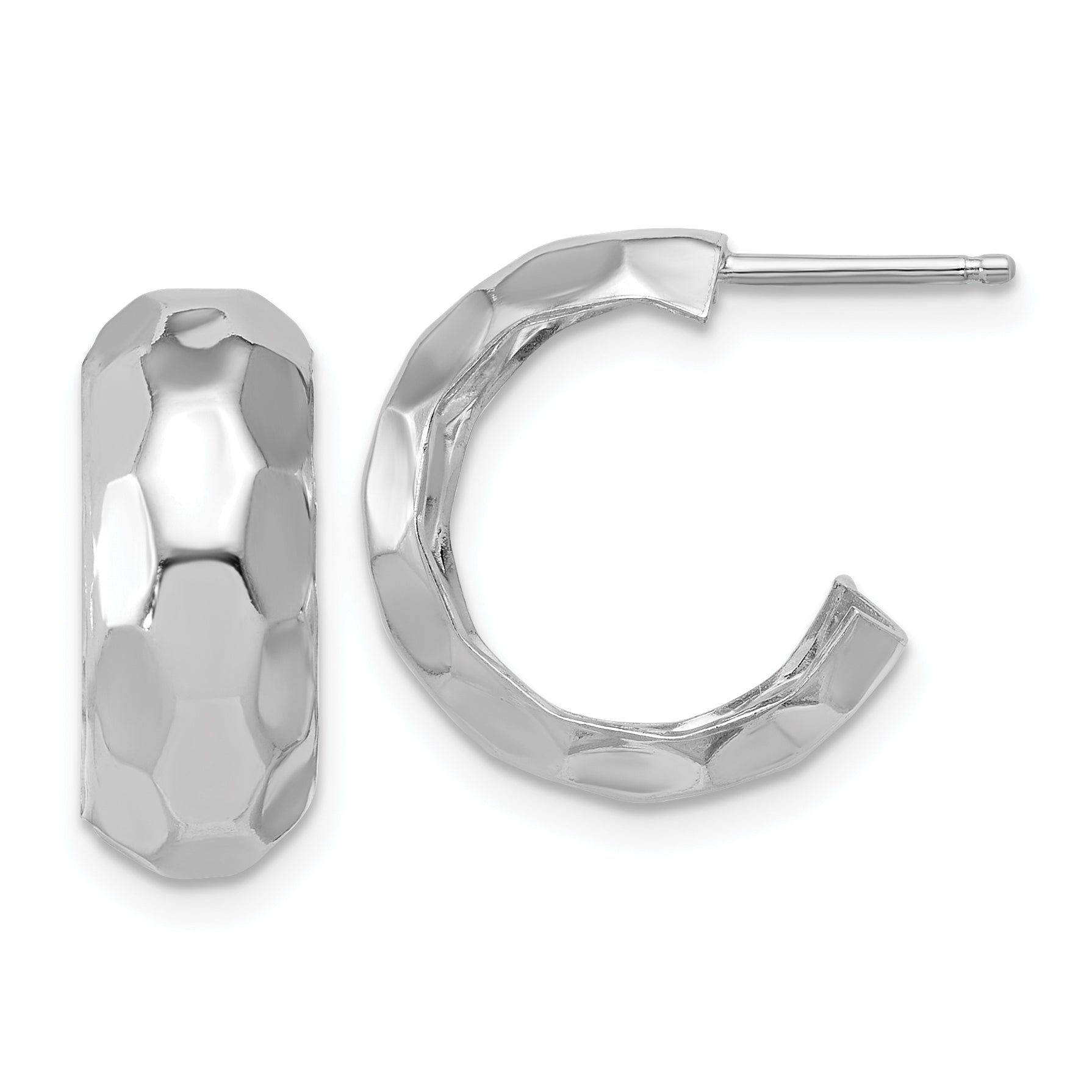 Sterling Silver RH-plat Polish Textured Post J-Hoop Earrings