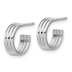 Sterling Silver Rh-Plated Polished Grooved J-Hoop Post Earrings