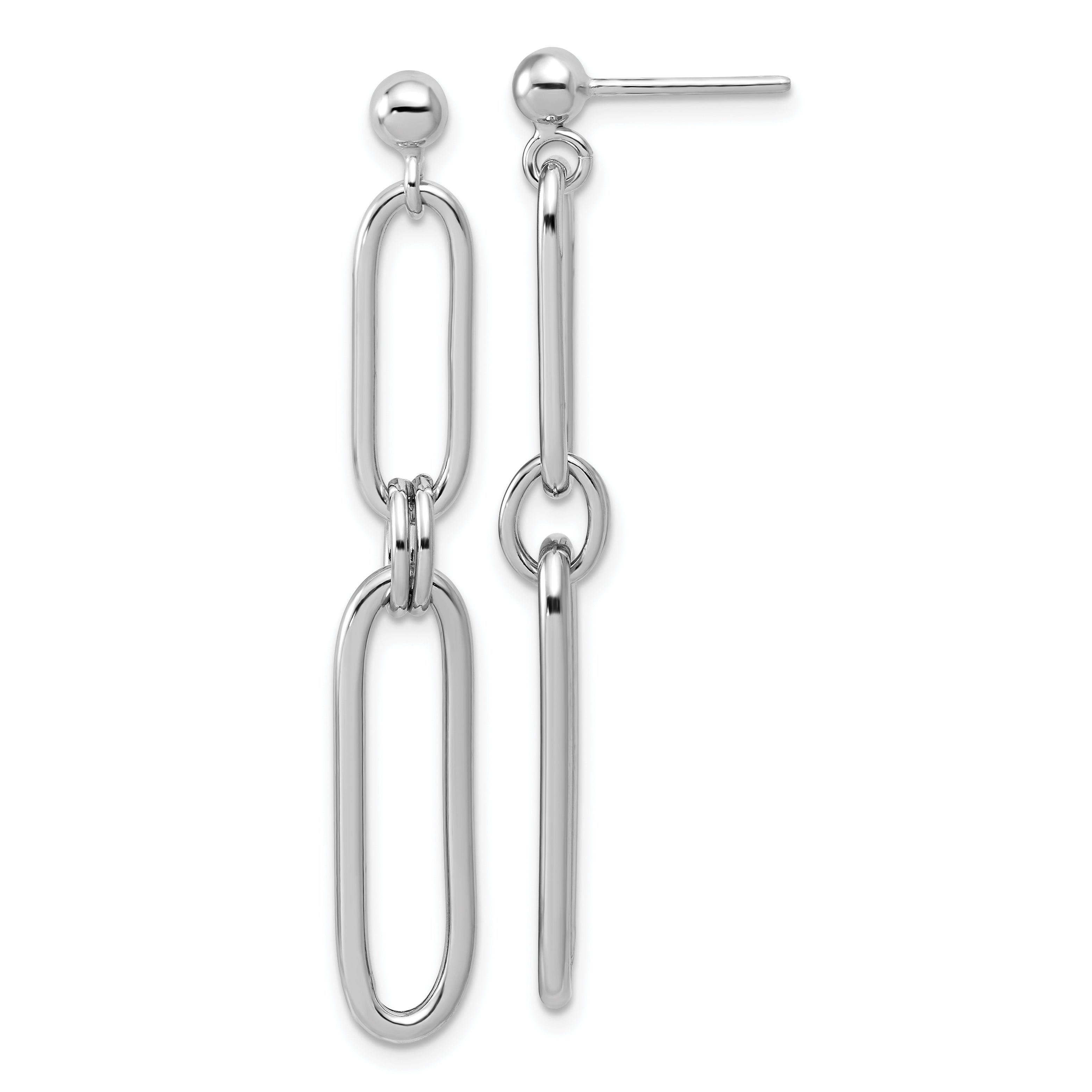 Sterling Silver RH-plt Polish Paperclip Link Dangle Post Earrings