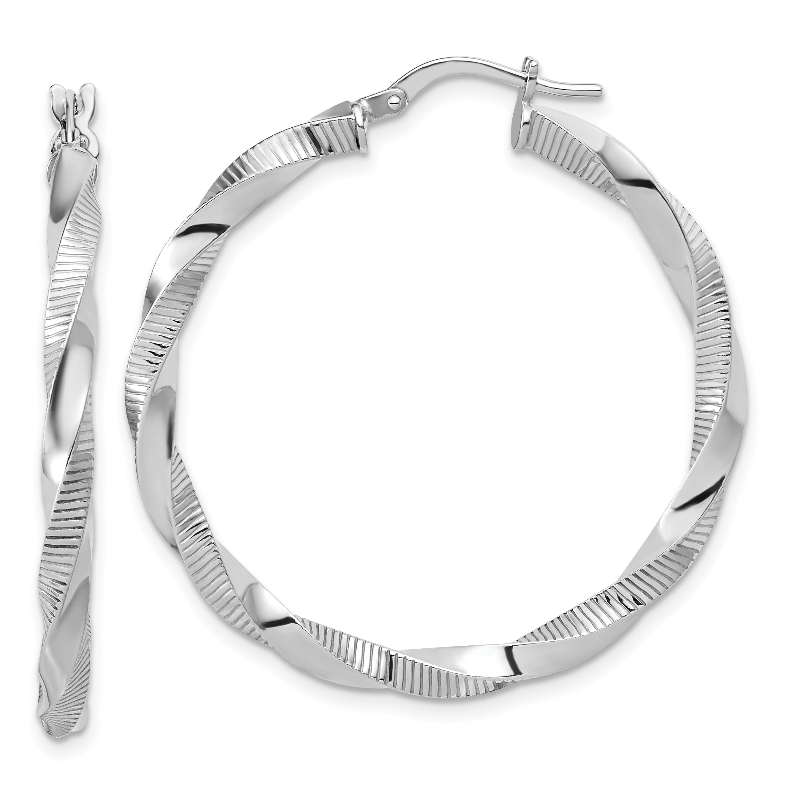 Sterling Silver RH-plated Twisted Textured Hoop Earrings