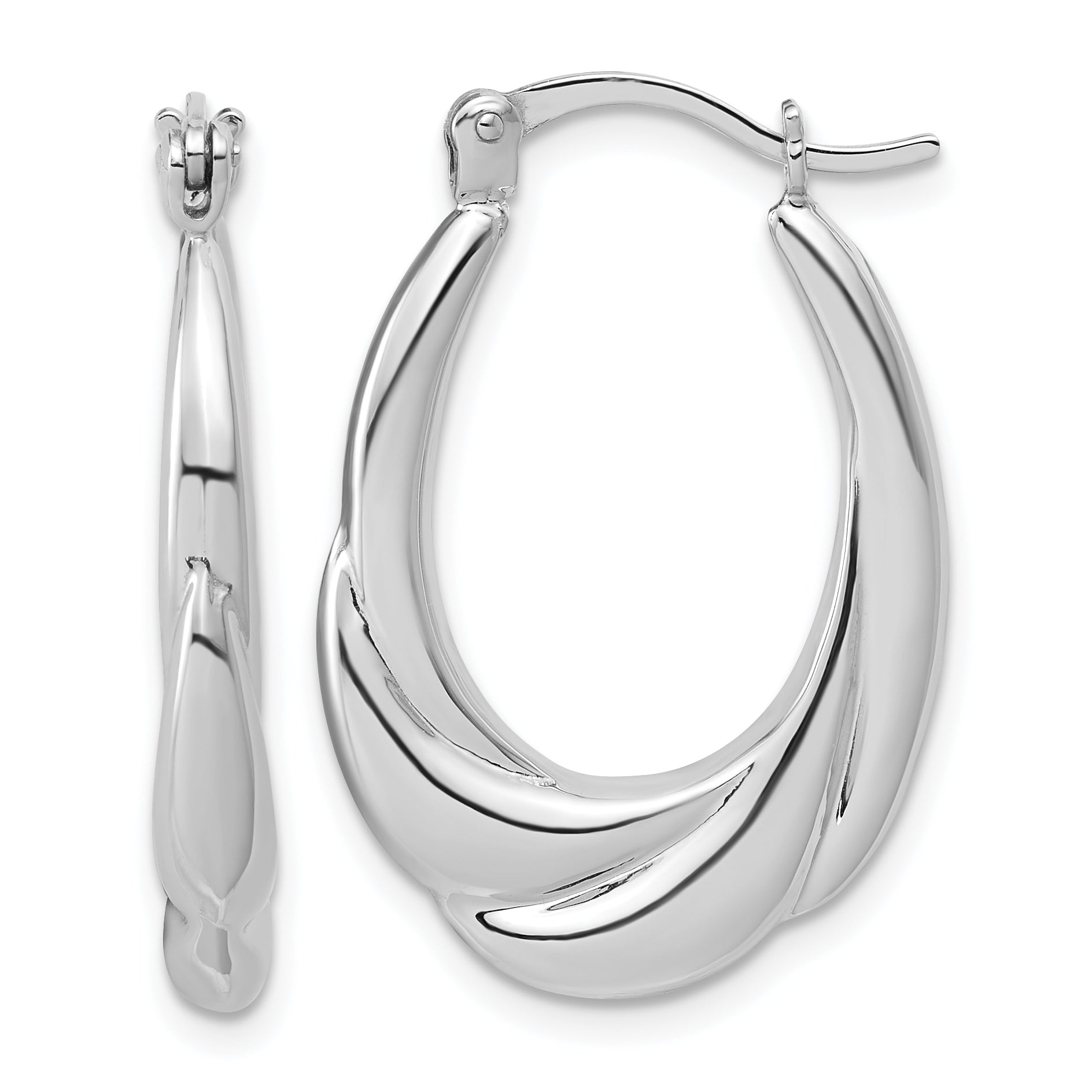 Sterling Silver RH-plated Polished and Grooved Oval Hoop Earrings