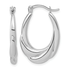 Sterling Silver RH-plated Polished and Grooved Oval Hoop Earrings
