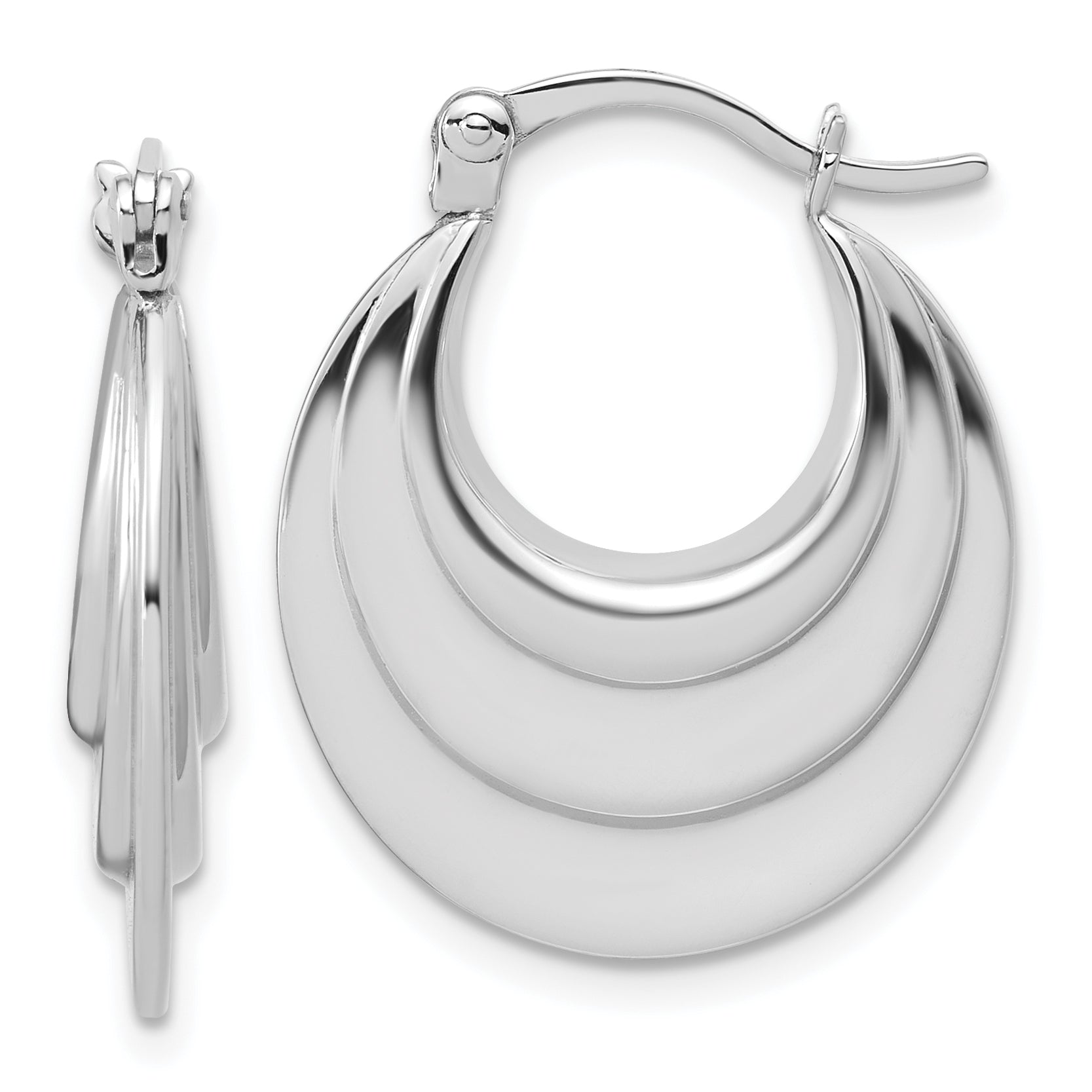 Sterling Silver RH-plated Polished and Grooved Oval Hoop Earrings