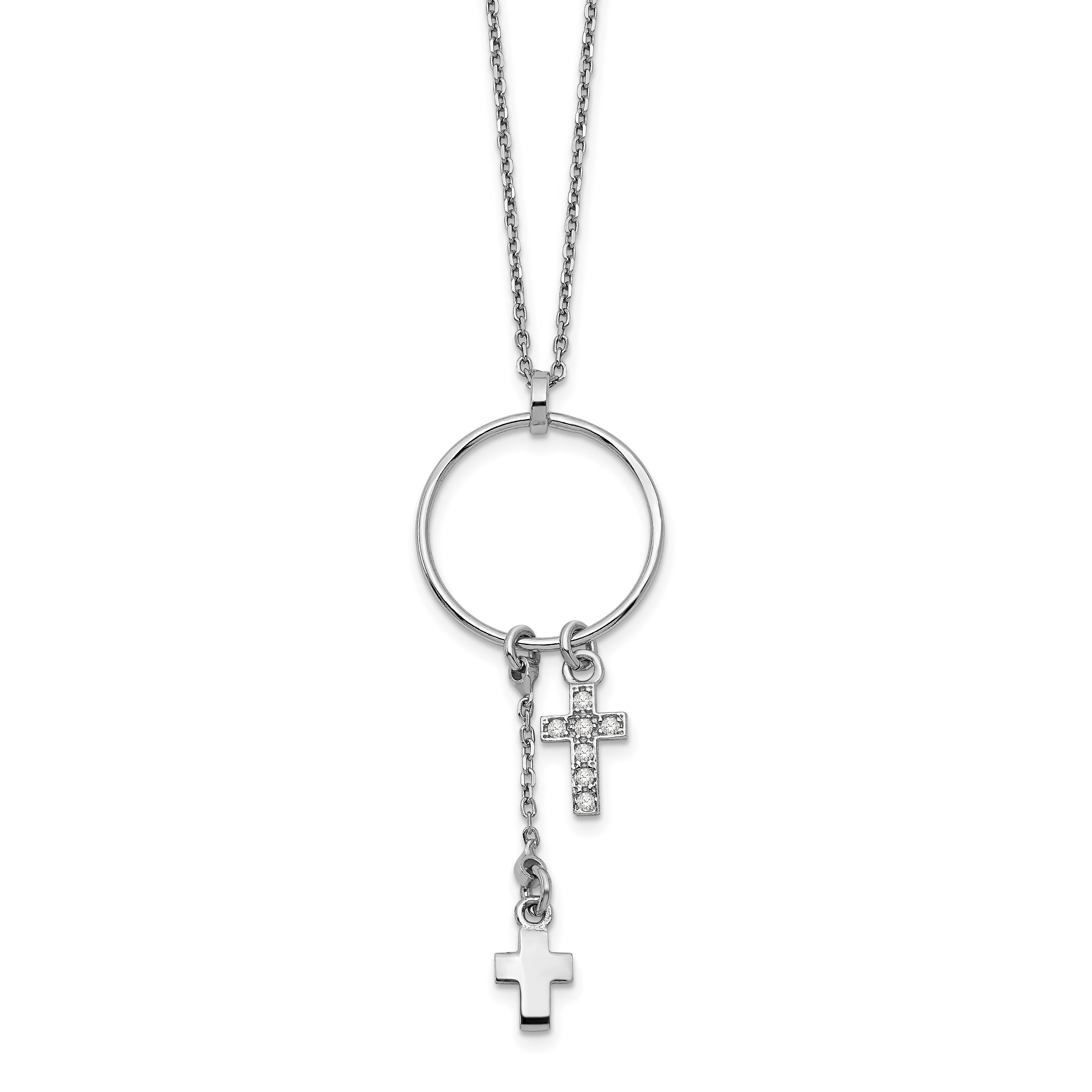 Sterling Silver Rhodium-Rhodium-Plated CZ Cross w/1.5 in ext. Necklace