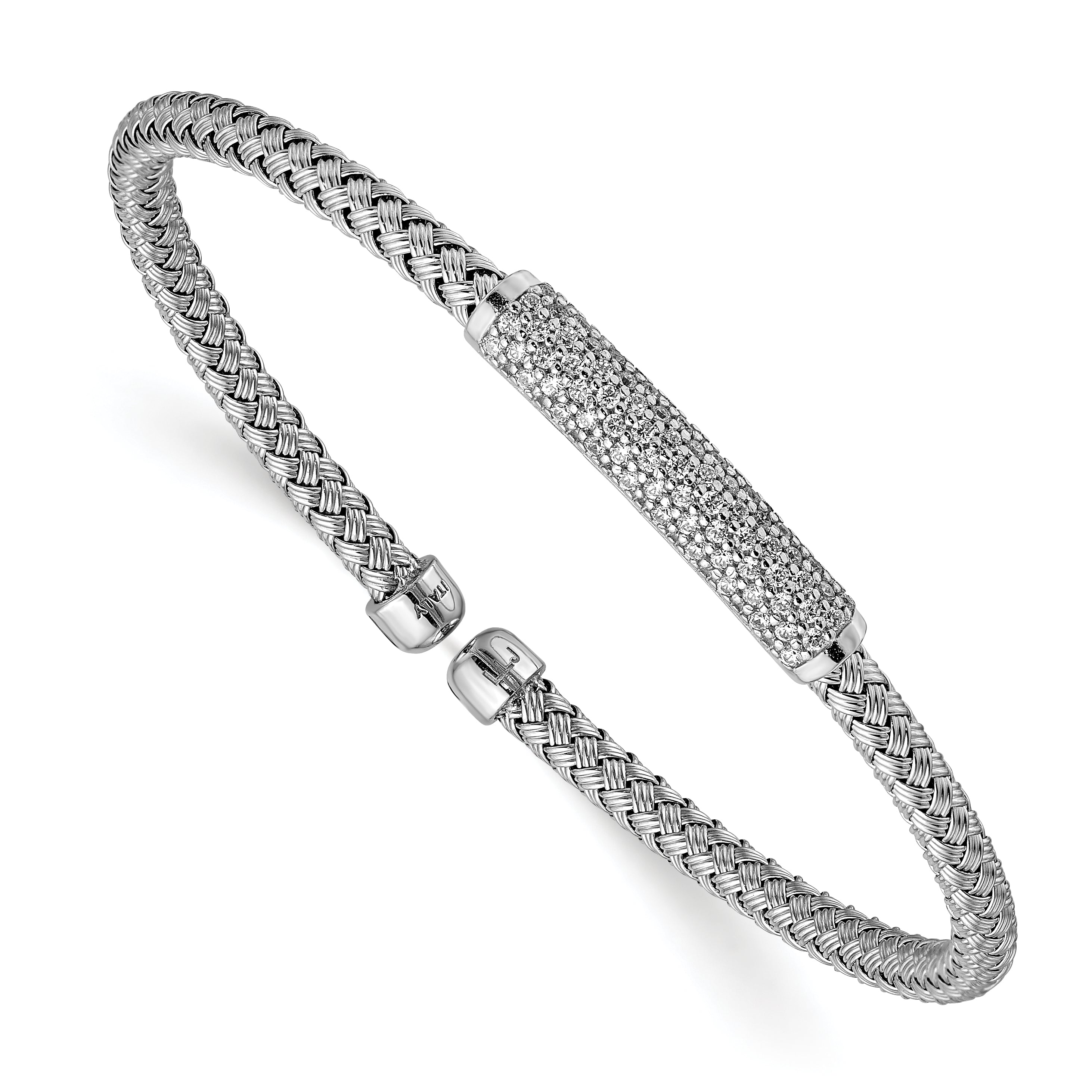 Sterling Silver Rhodium-Platedod-plat Polished CZ Woven Flexible Cuff
