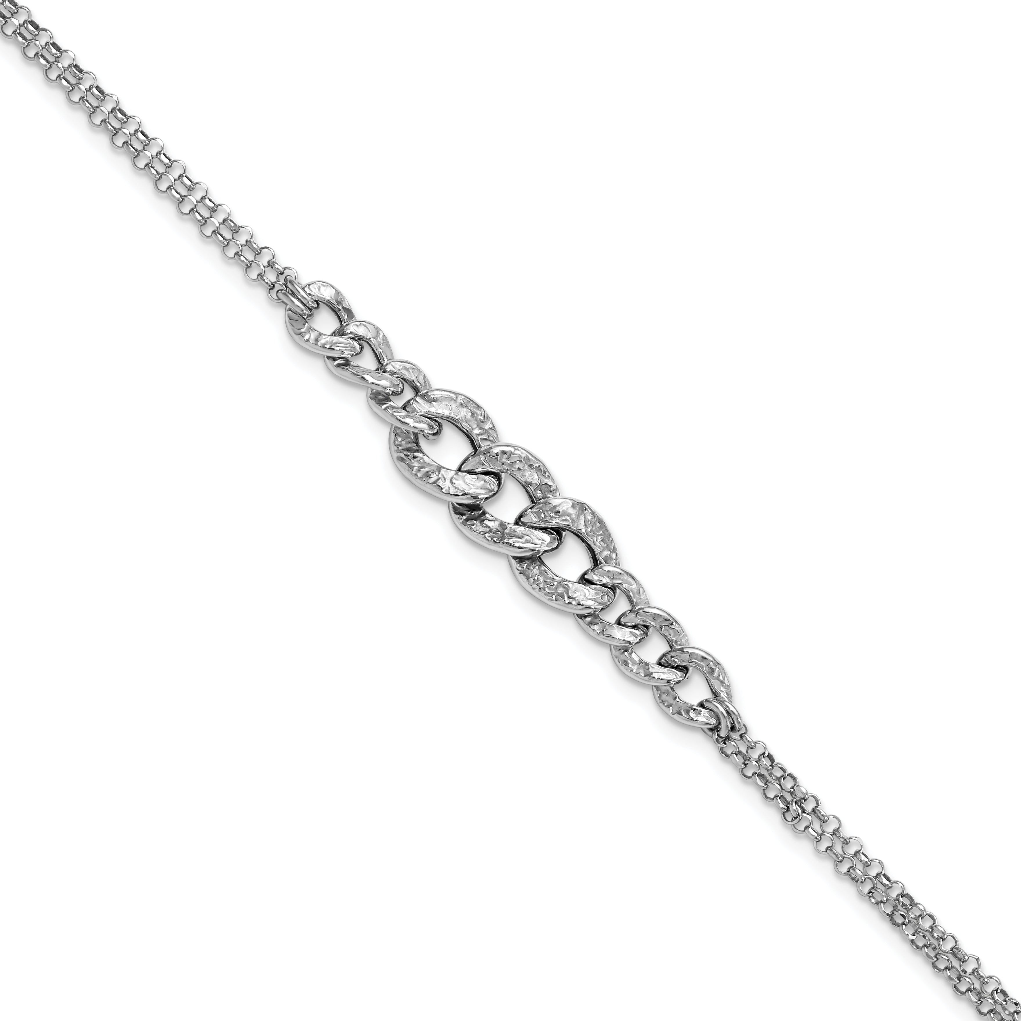 Sterling Silver Rhodium-Platedod-pl Textured Link 2 strand w/ 1in ext Bracelet