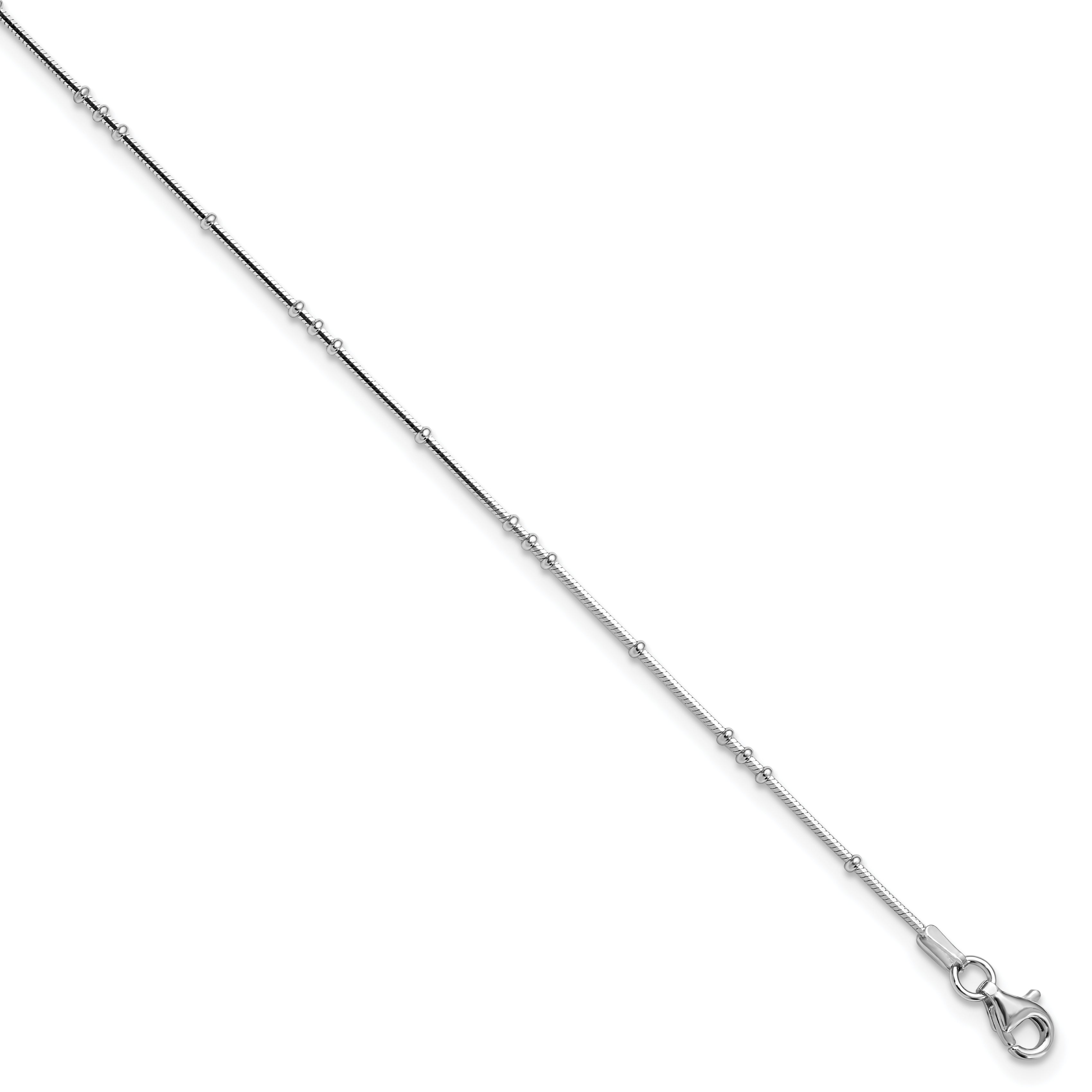 Sterling Silver Rhodium-Rhodium-Plated Polished Beaded w/ 1in ext. Anklet