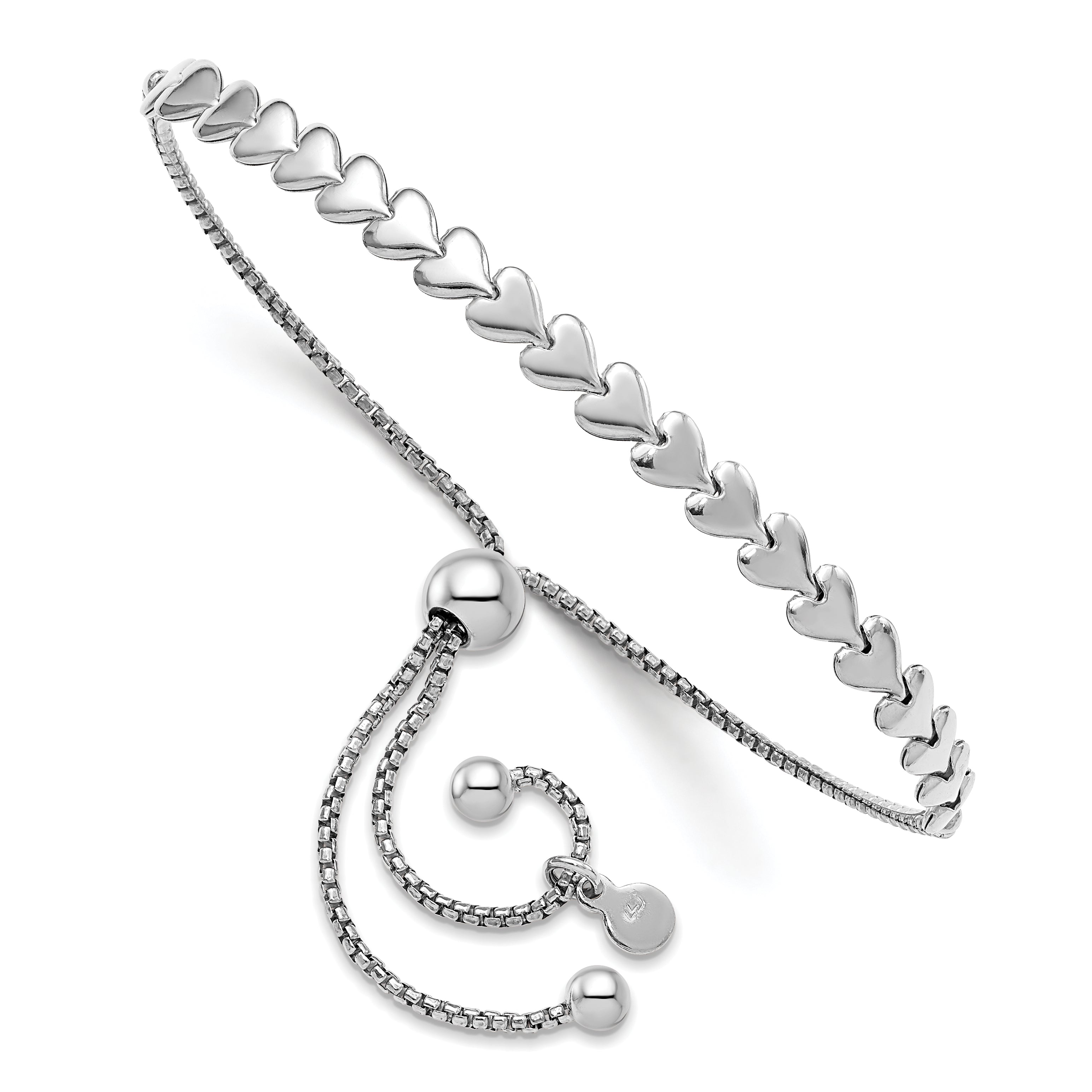 Sterling Silver Rhodium-plated Polished Heart Bolo Bracelet