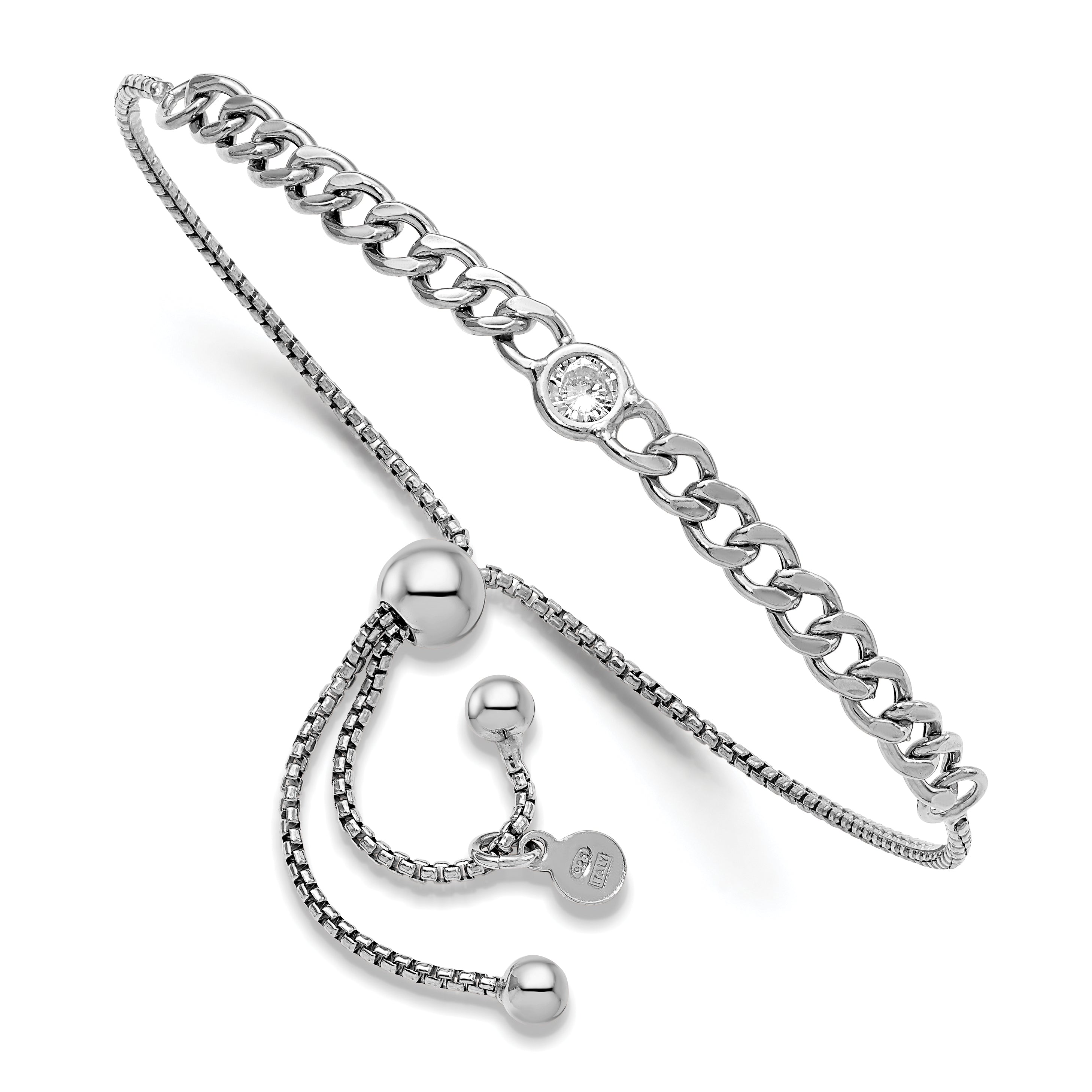 Sterling Silver Rhodium-plated Polished CZ Bolo Bracelet