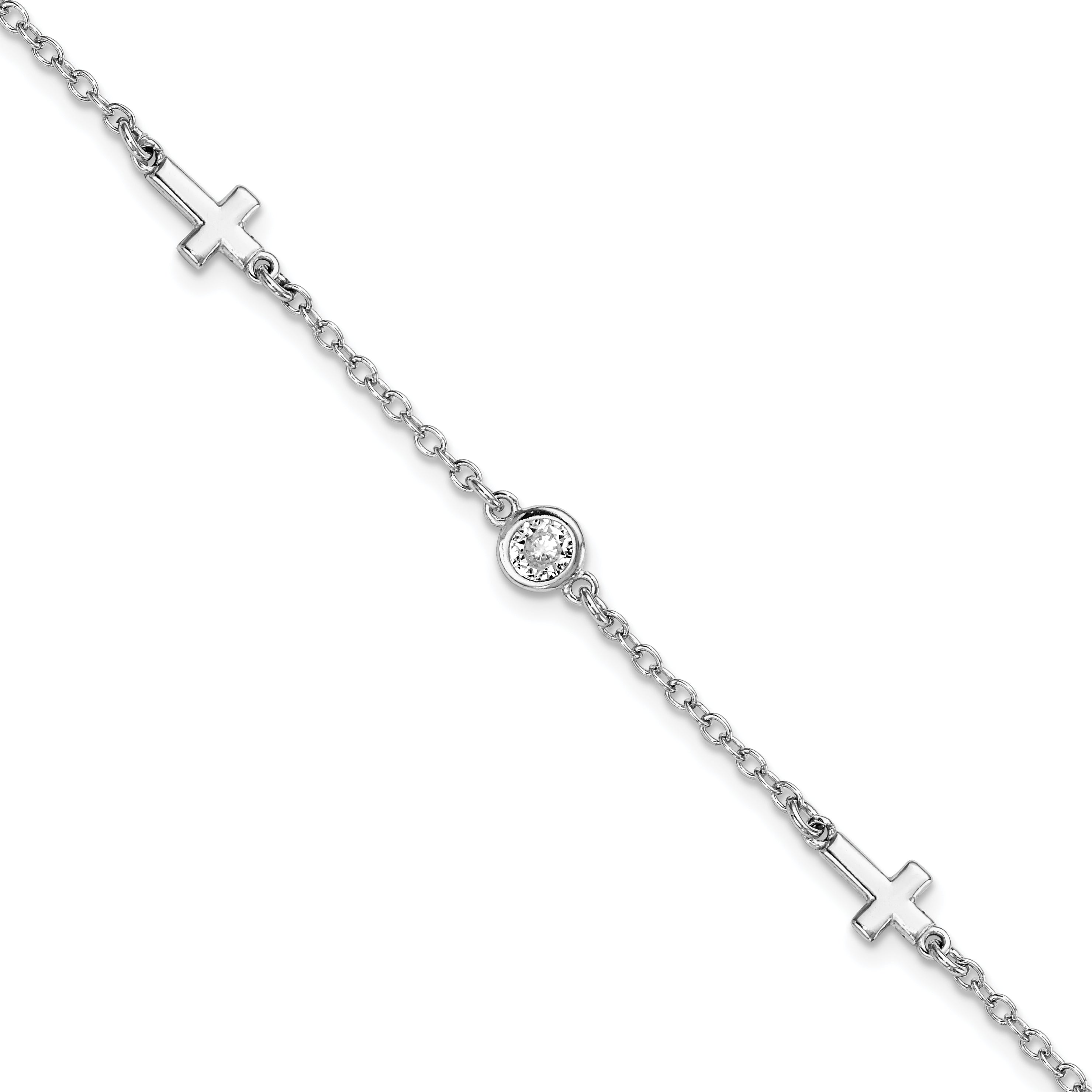 Sterling Silver Rhodium-plated CZ Cross w/ 1in ext. Bracelet