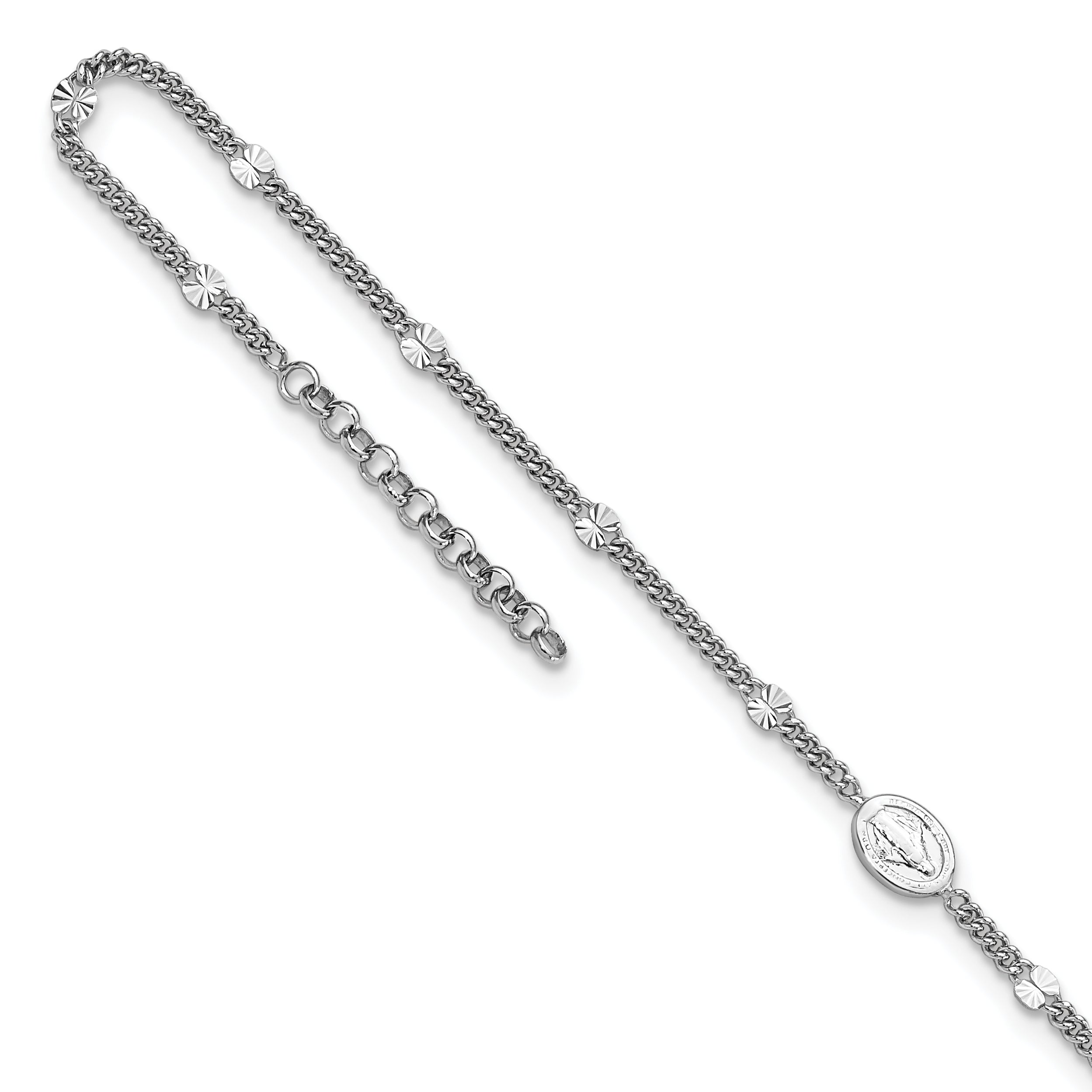 Sterling Silver Rhodium-plated Miraculous Medal 9 inch Plus 1 inch Extender - Total 10 inch Anklet