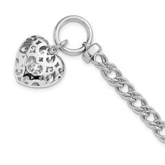 Sterling SilverRhodium-Rhodium-Plated Polished with Heart Charm Bracelet