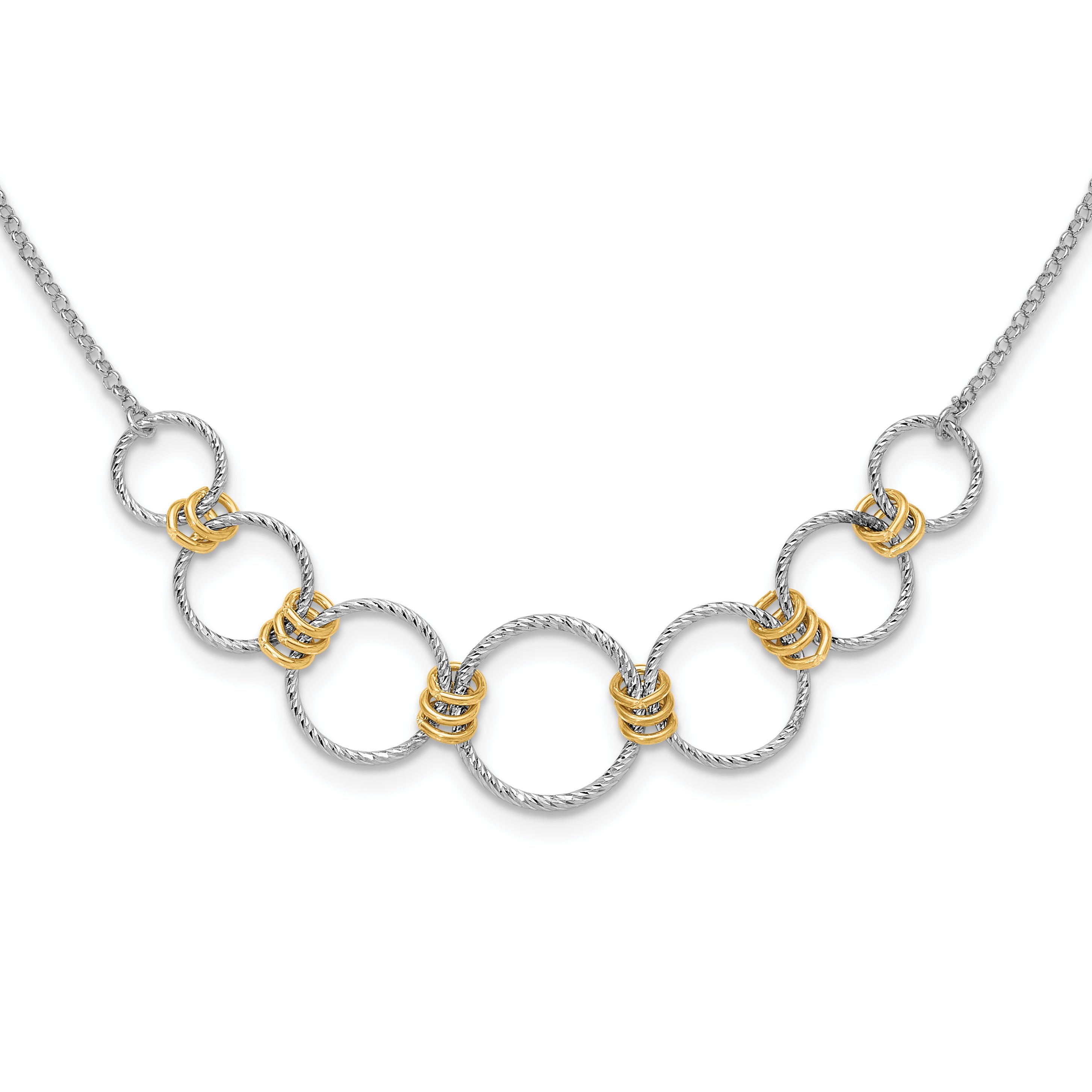 Sterling Silver Rhodium-Plated/Gold-plt Dia.-Cut Circles with 2in ext Necklace