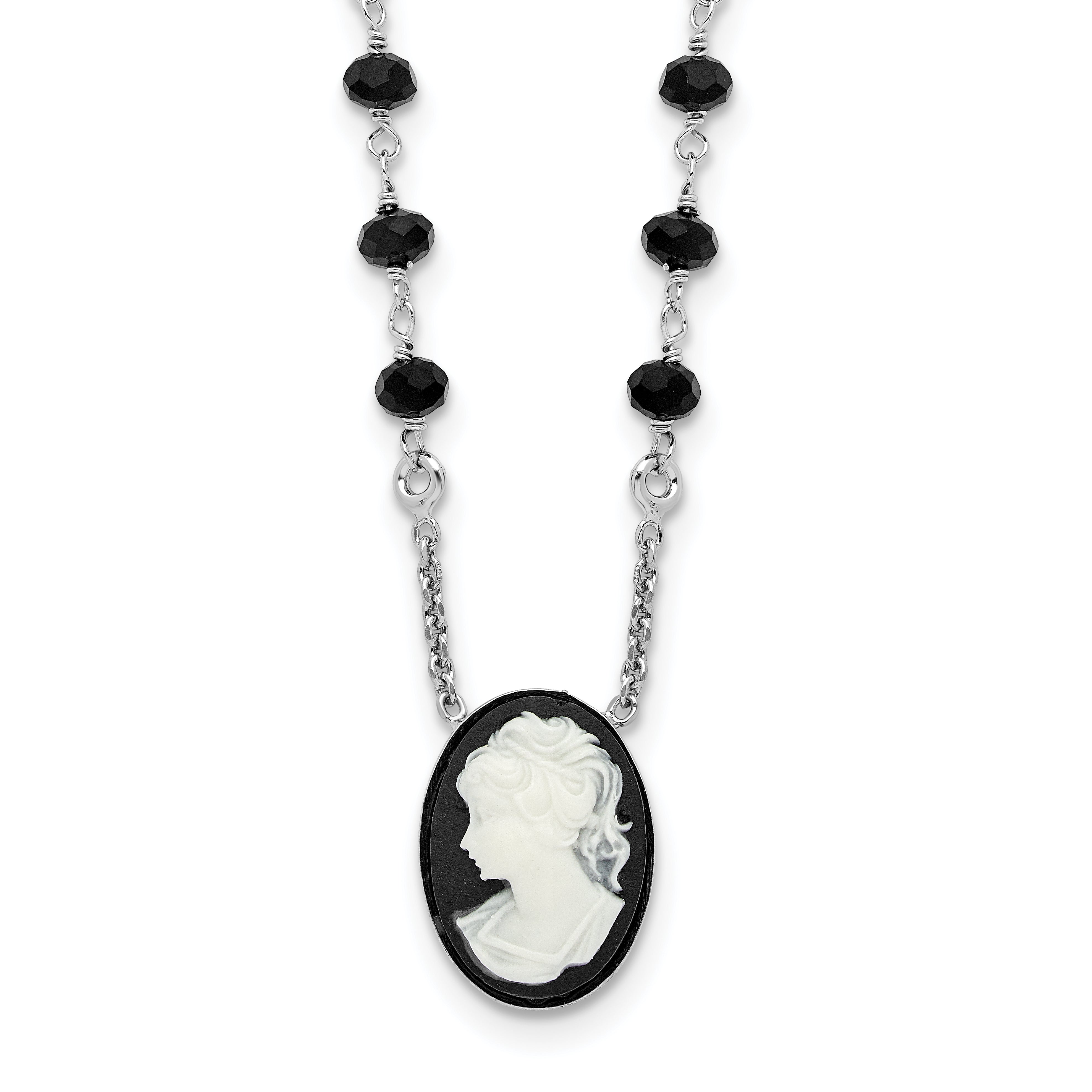 Sterling SilverRhodium-Rhodium-Plated Black Glass Beads Resin Cameo 1.5in ext.