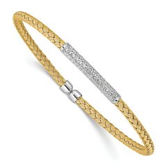 Sterling Silver Rh-plated/Gold-plated CZ Flexible Cuff Bangle