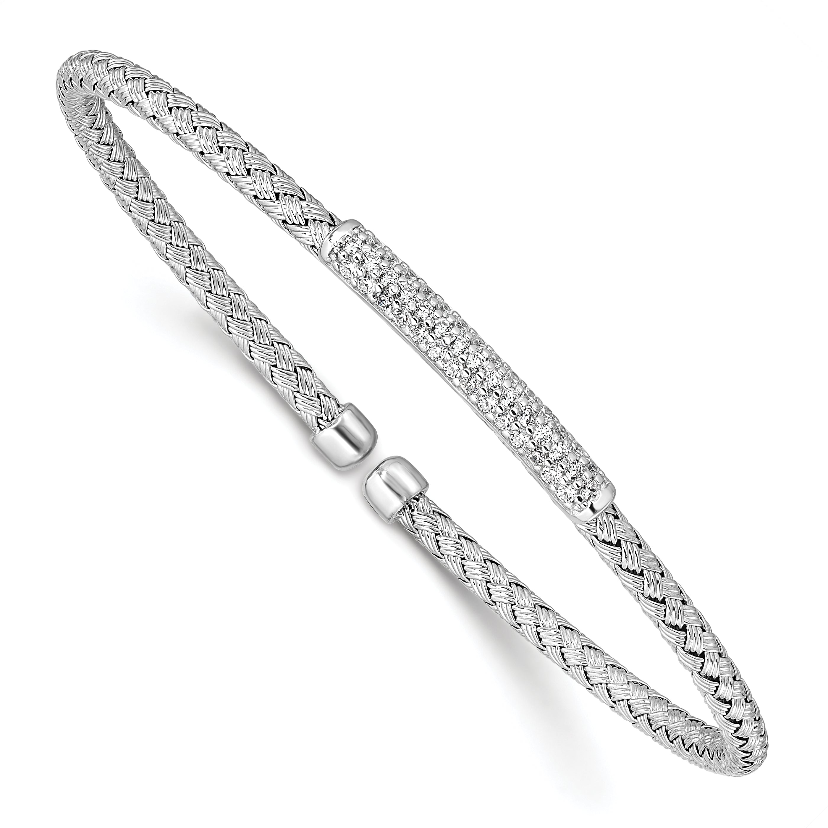 Sterling Silver RH-plated CZ Woven Flexible Cuff Bangle