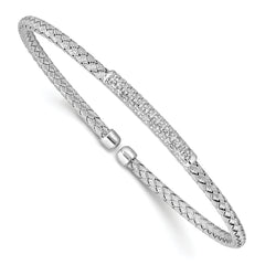 Sterling Silver RH-plated CZ Woven Flexible Cuff Bangle