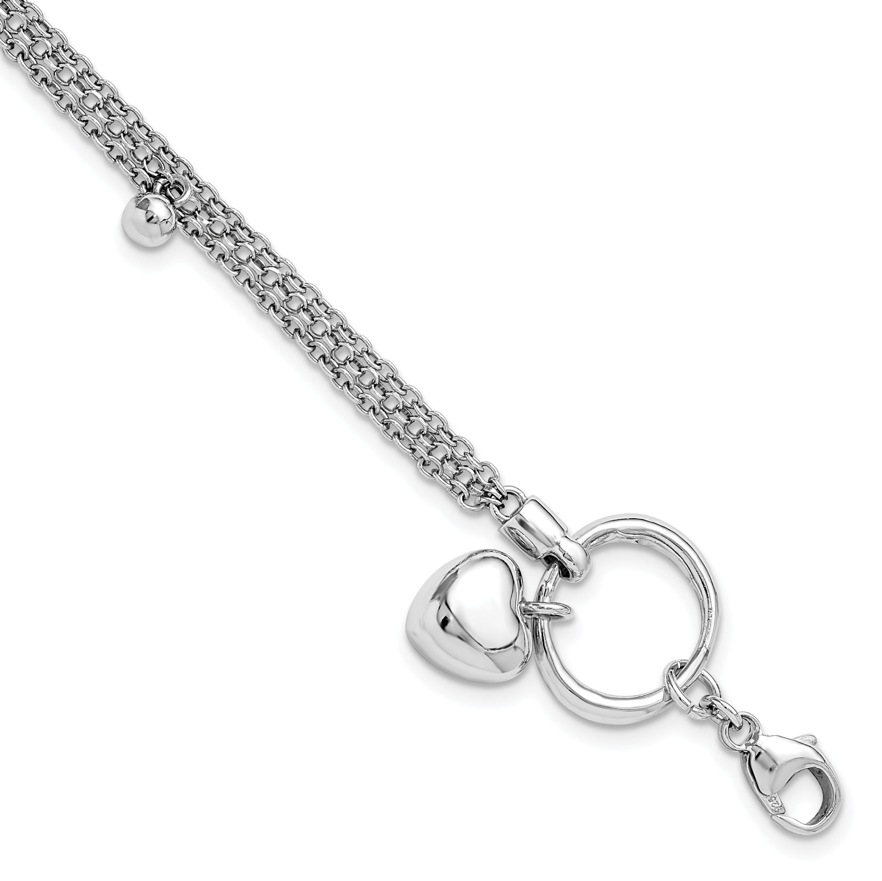 Sterling Silver Rh-plated Heart 3-strand w/ 1in ext. Bracelet
