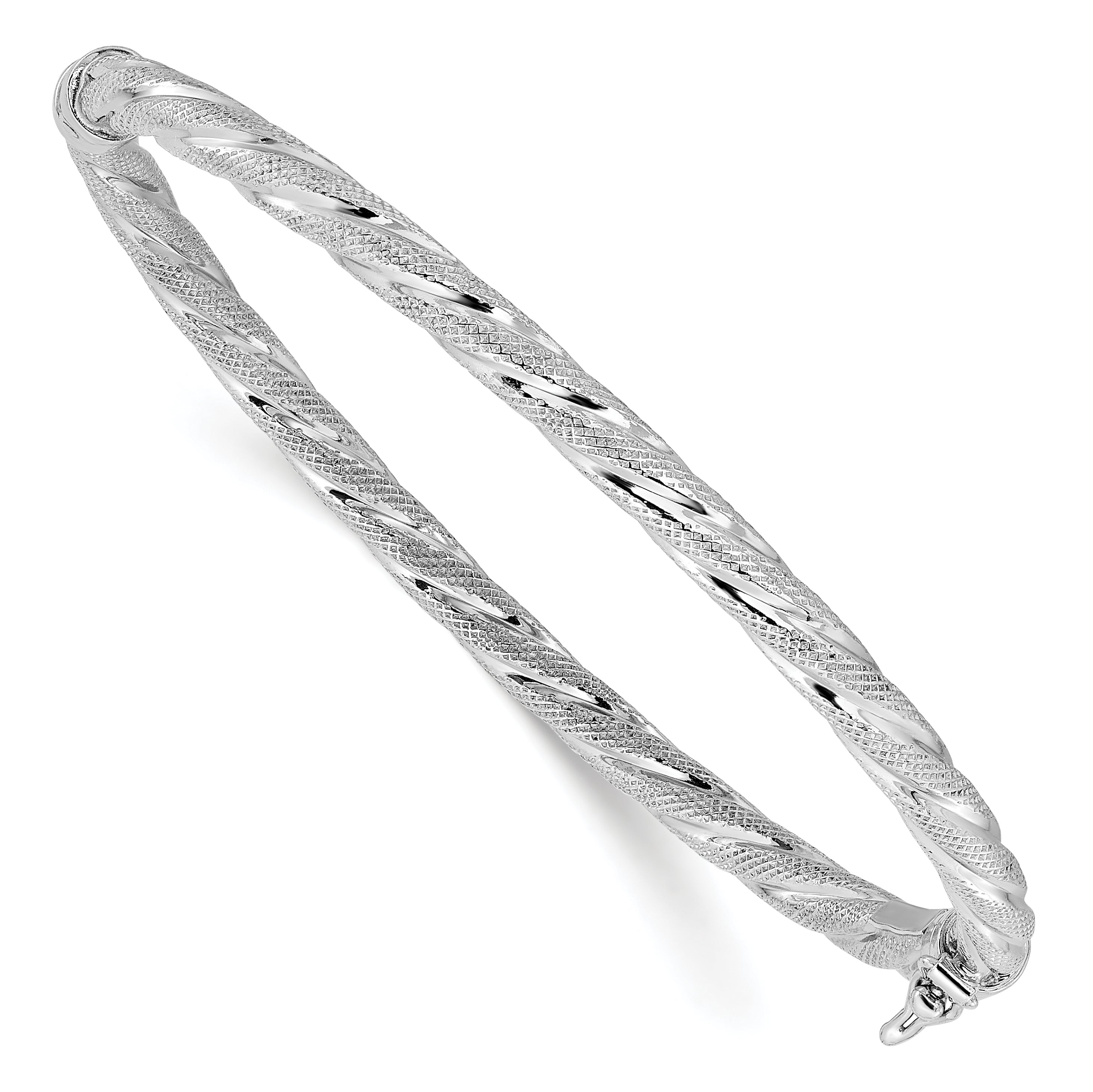 Sterling Silver Rhodium-Plated-plt Polished / Textured Twisted Hinged Bangle