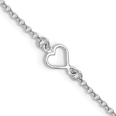 Sterling SilverRhodium-Rhodium-Plated Polished Heart 9in PLUS 1in ext. Anklet