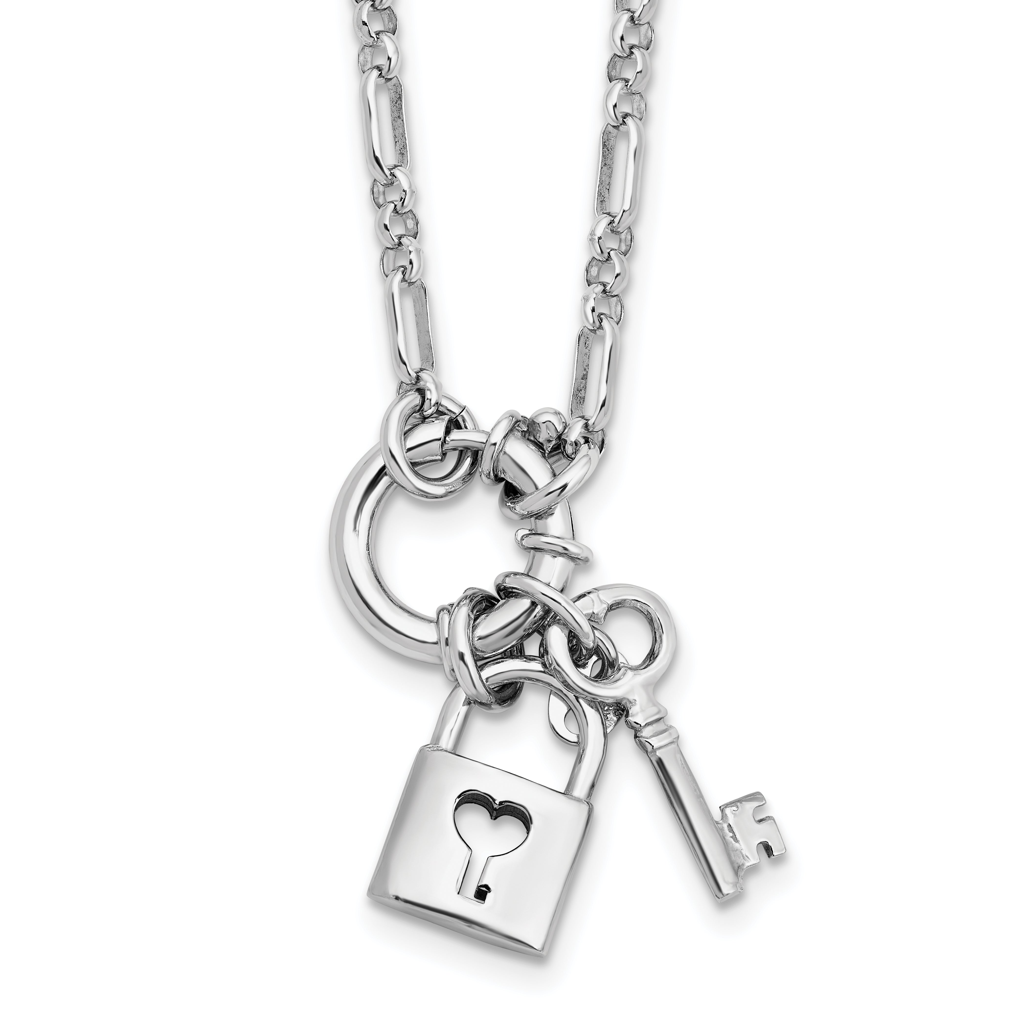 Sterling Silver Rhodium-Rhodium-Plated Polished Lock and Key Necklace